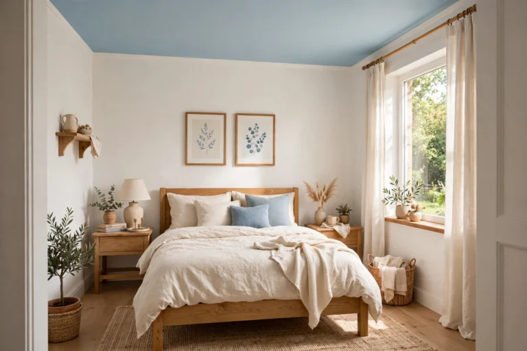 Small bedroom with a soft sky-blue painted ceiling, white walls and natural oak bed