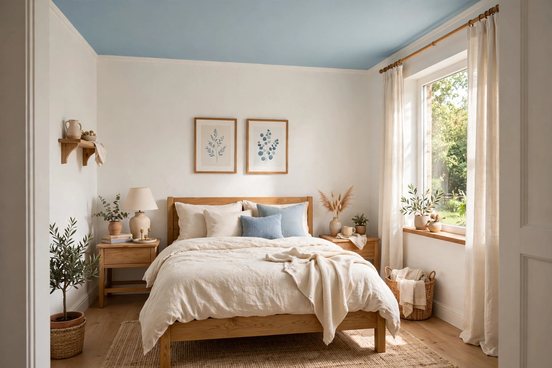 Small bedroom with a soft sky-blue painted ceiling, white walls and natural oak bed