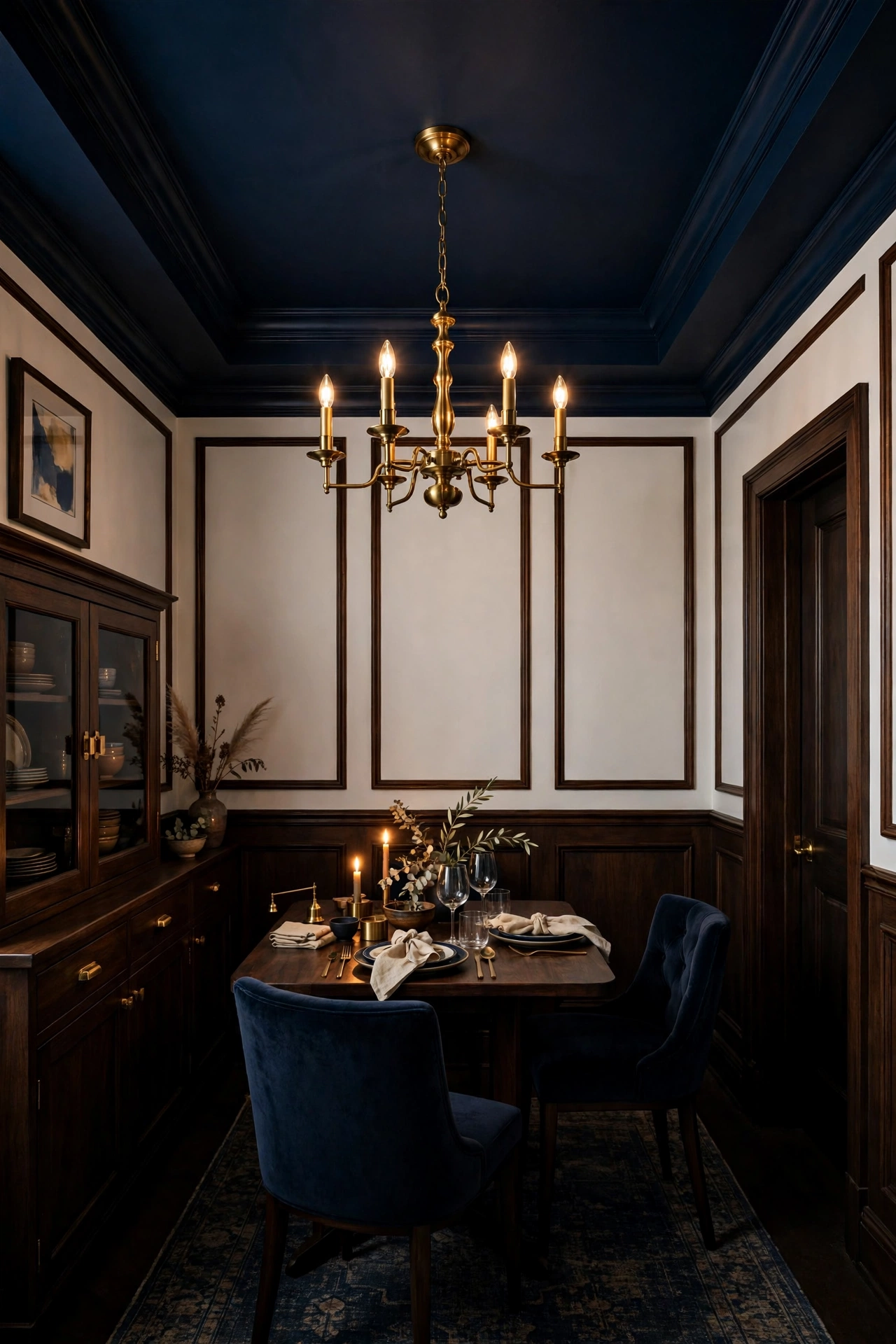 Bold navy tray ceiling with brass chandelier — ceiling design idea for small rooms