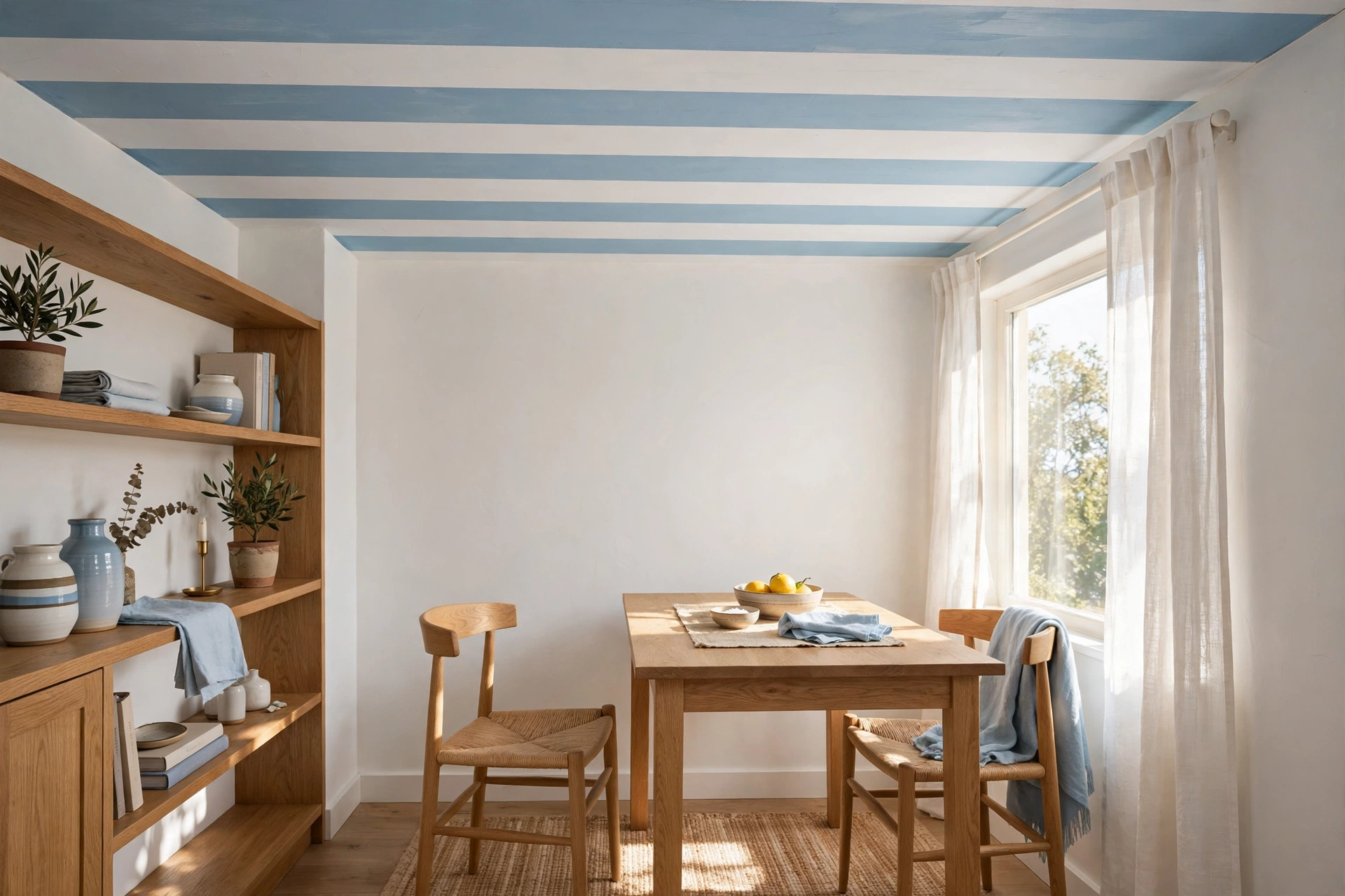 Small room with soft blue and white striped painted ceiling