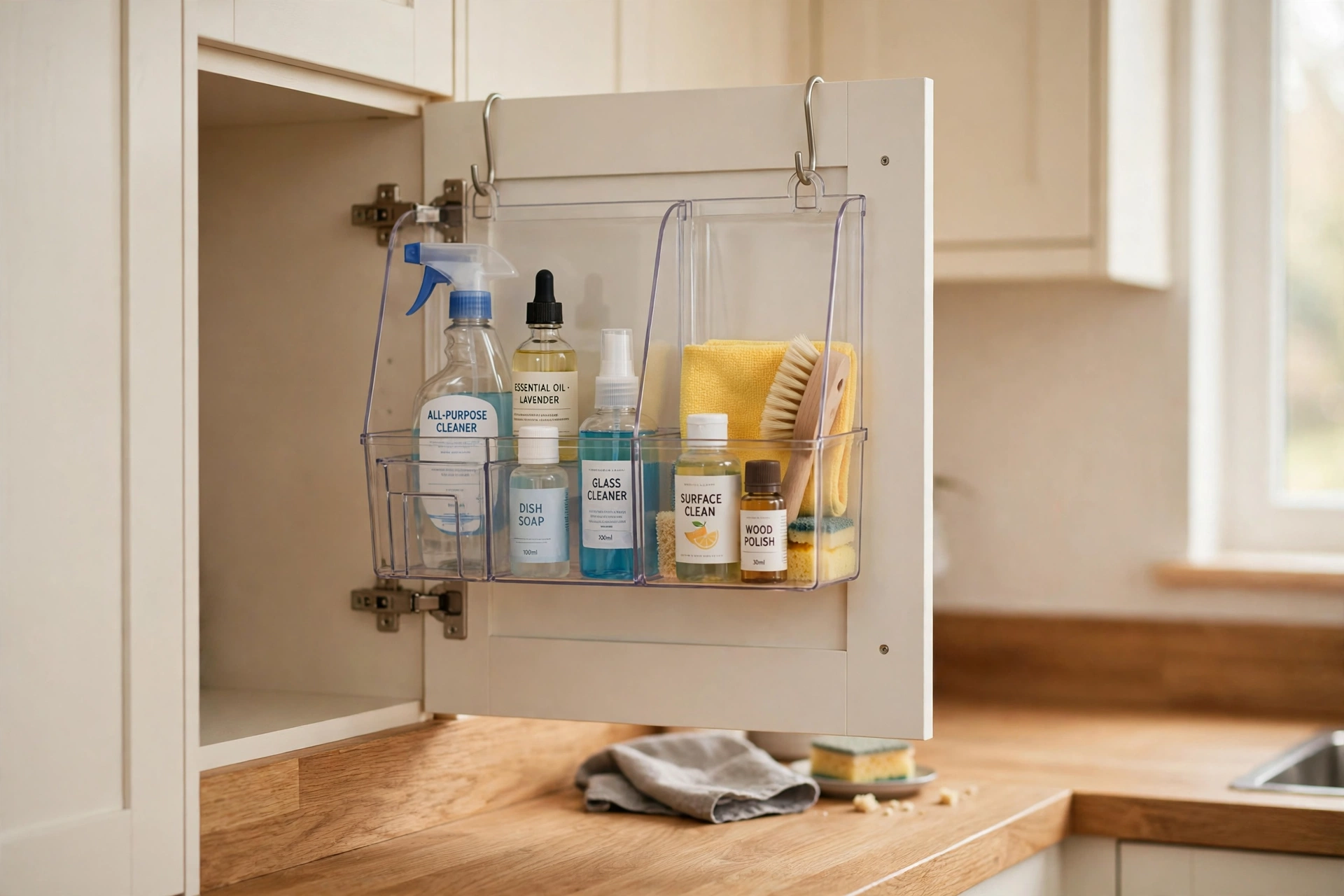 Clear over-cabinet-door basket holding cleaning supplies inside a kitchen cabinet door