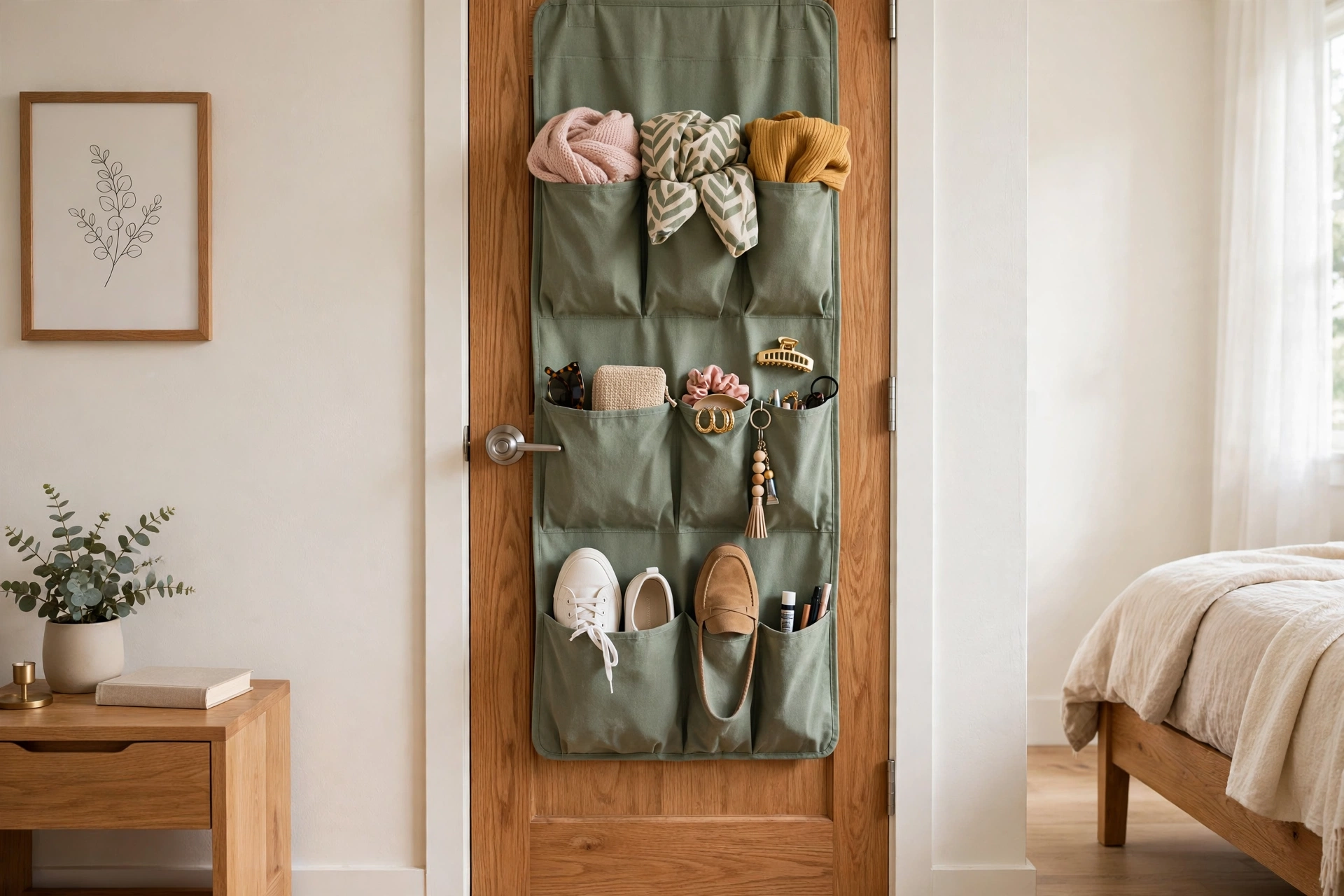 Sage-green fabric over-the-door pocket organizer on a small bedroom door holding shoes and accessories