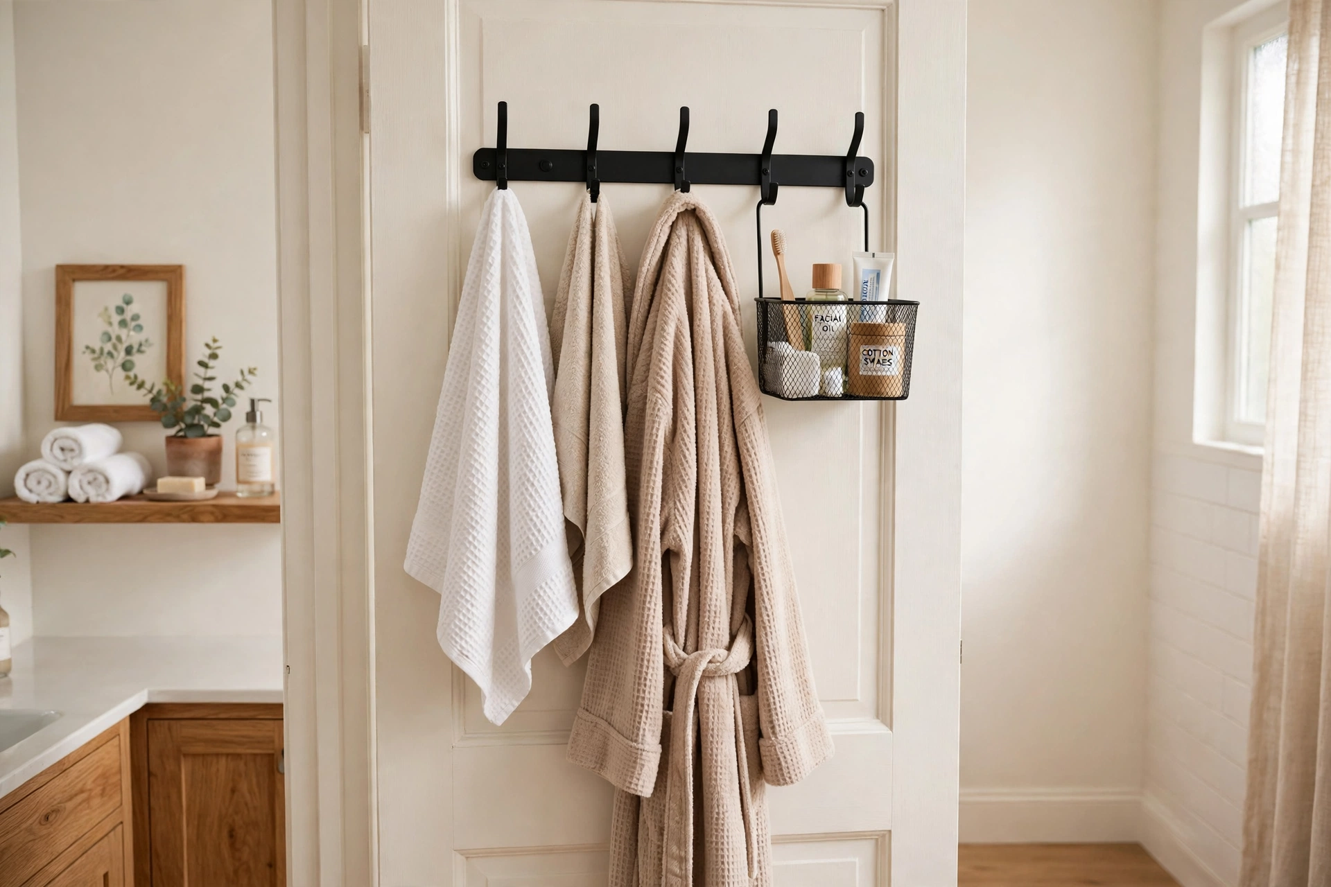 Matte-black over-the-door hook rack holding towels and a bathrobe on a bathroom door