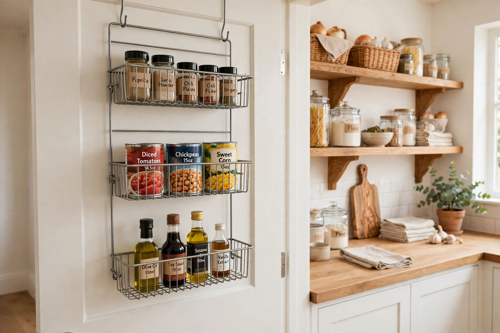 Wire basket over-the-door pantry rack holding spice jars and cans on a kitchen pantry door