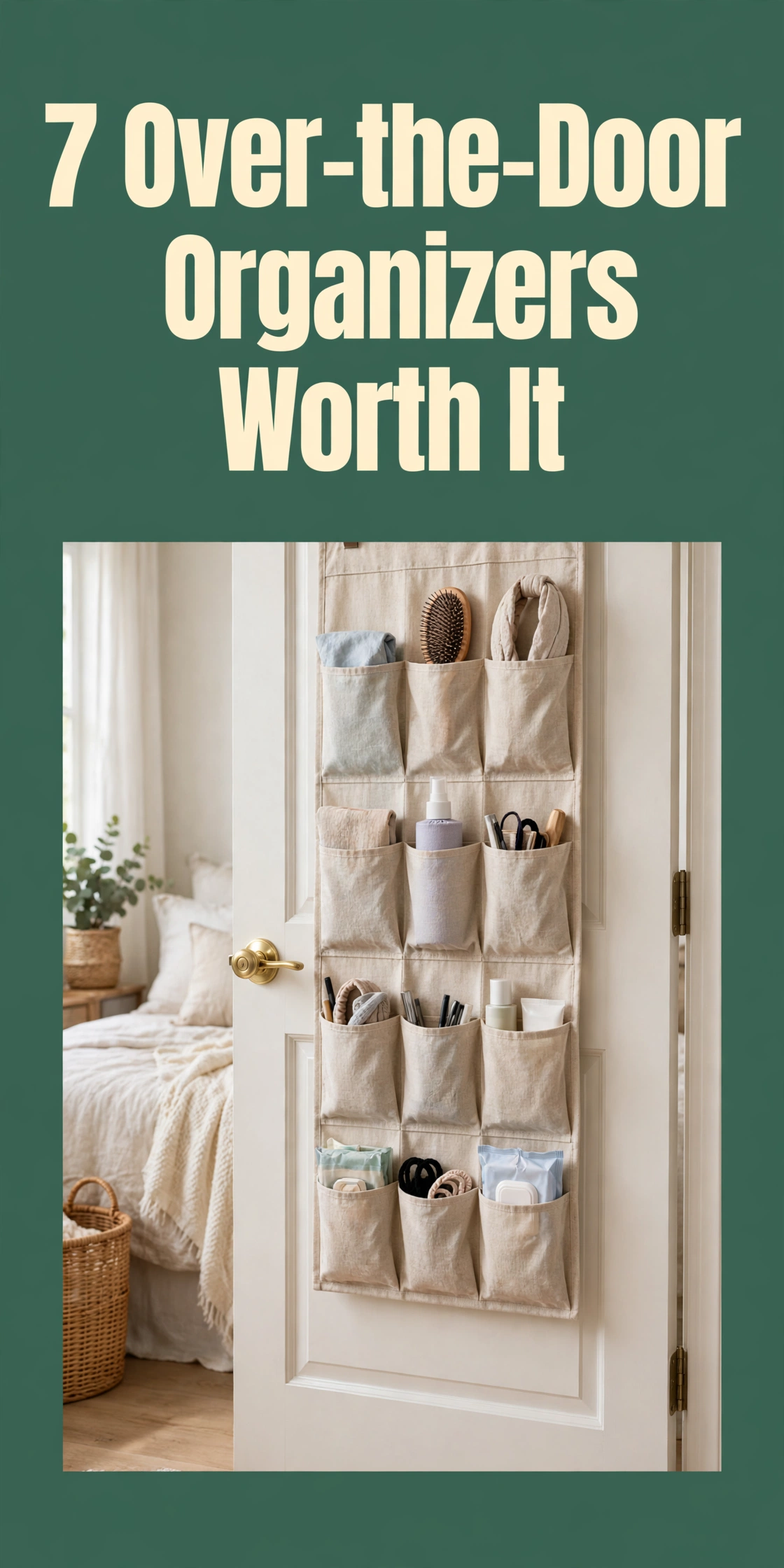 Bold sage-green Pinterest pin: 7 Over-the-Door Organizers Worth It