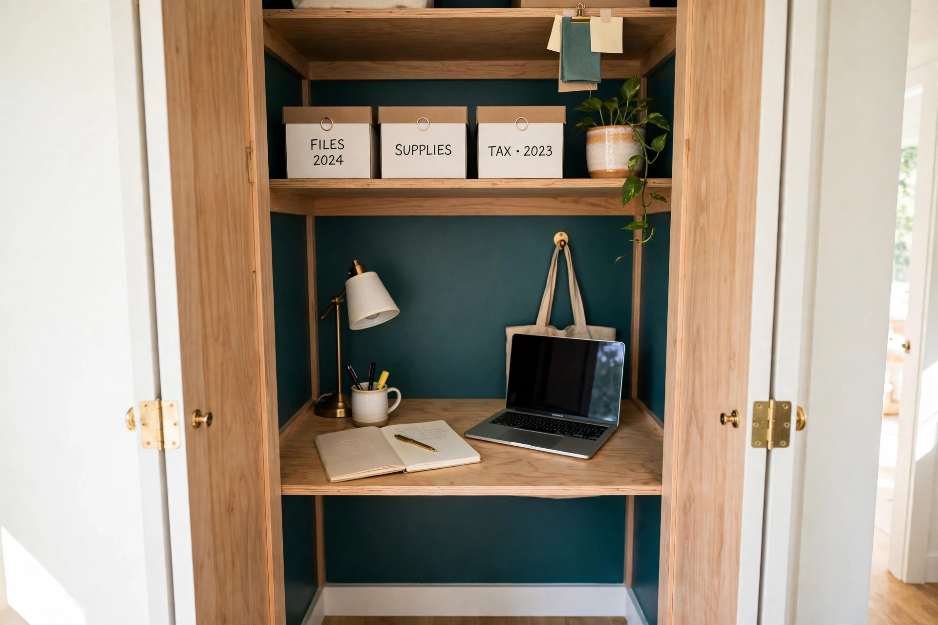 Cloffice, a small closet converted into a home office with a desk shelf, laptop, and labeled storage boxes