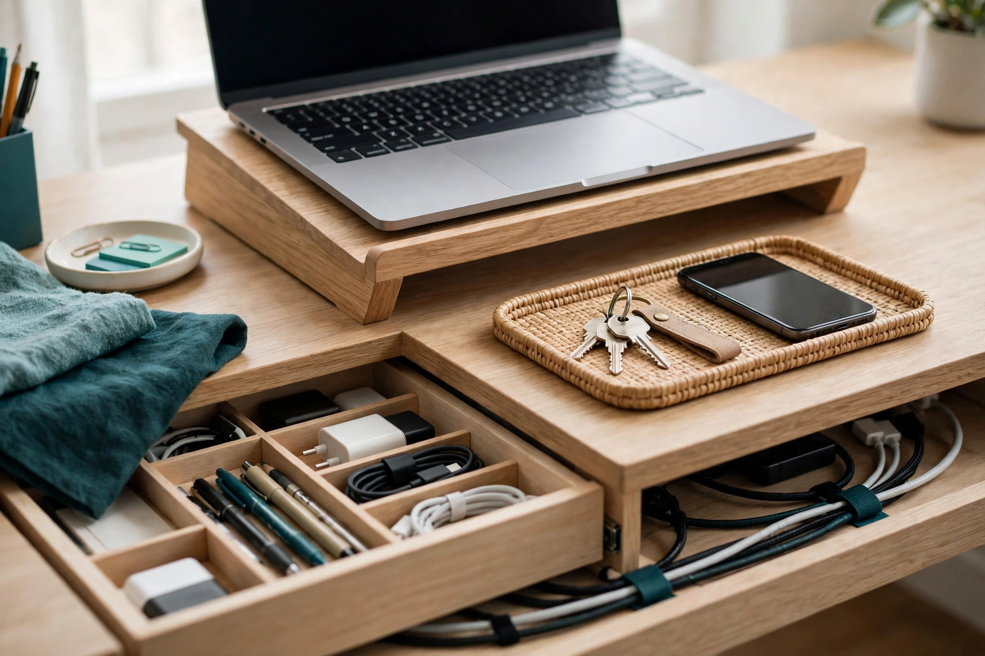 Tidy small desk with a laptop on a stand, a landing tray, a drawer with dividers, and cables in an under-desk tray