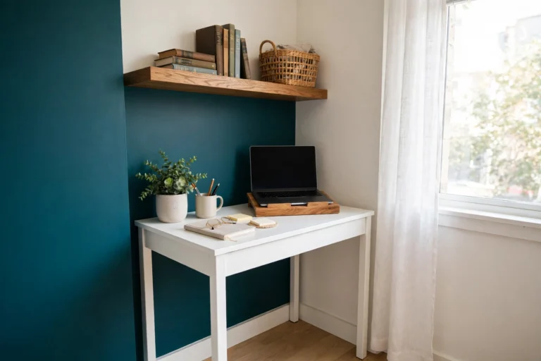 Small home office corner with a white desk, laptop on a wooden stand, and an oak shelf above the desk
