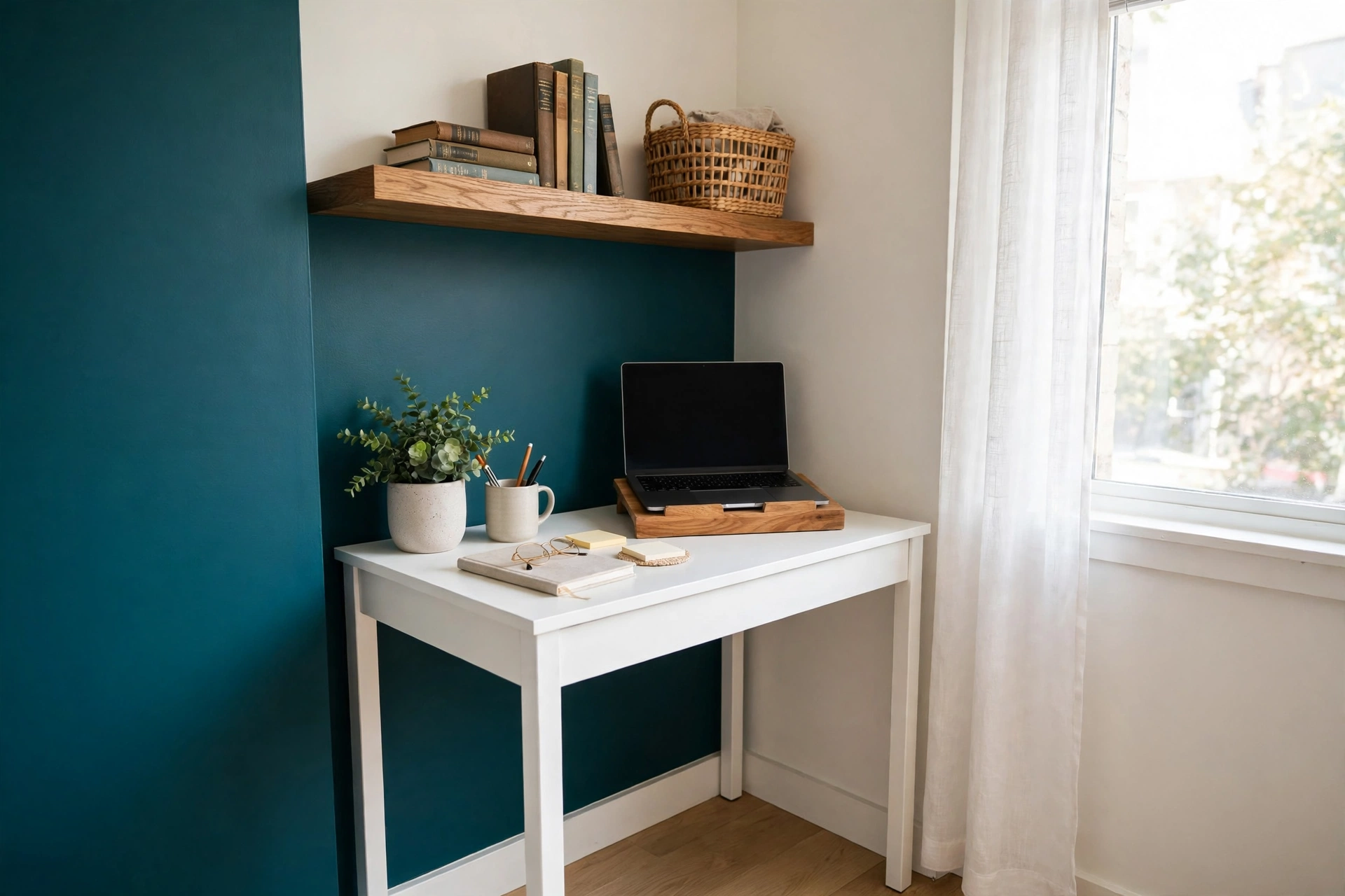 Small home office corner with a white desk, laptop on a wooden stand, and an oak shelf above the desk