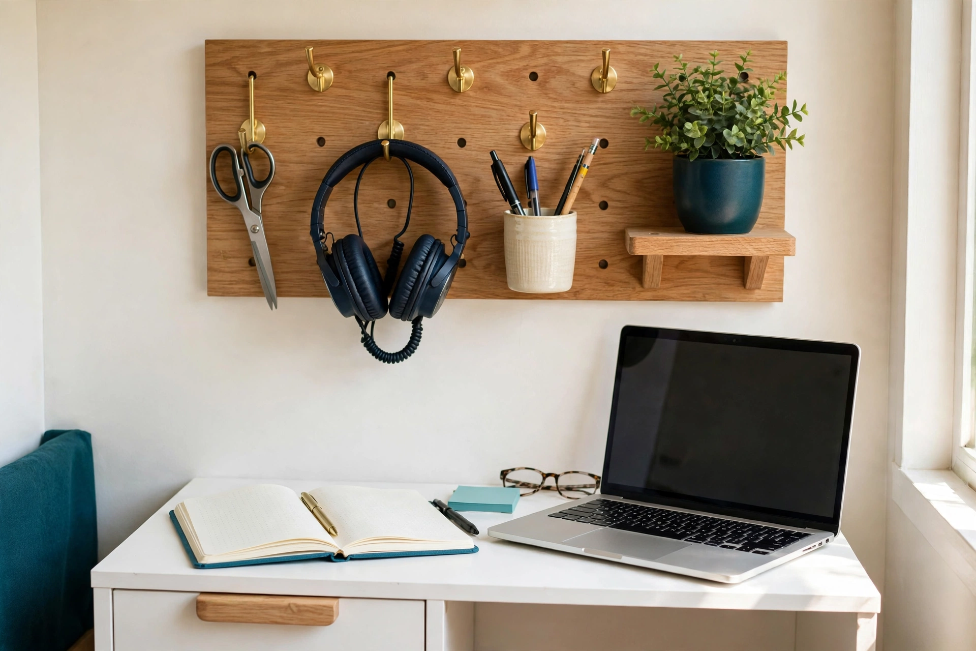 Pegboard wall organizer above a small desk holding scissors, headphones, pens, and a small plant