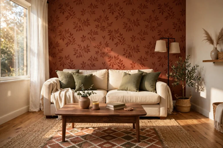 Bright rental living room with rust peel-and-stick wallpaper accent wall, cream sofa and olive cushions