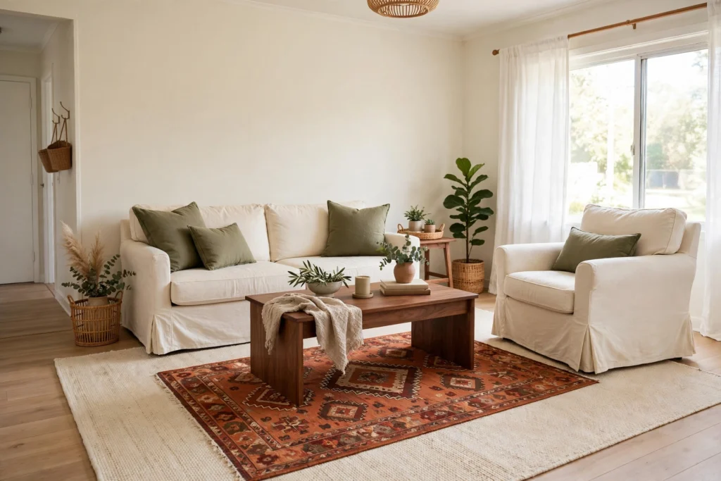 Layered rugs over a plain rental floor in a bright living room