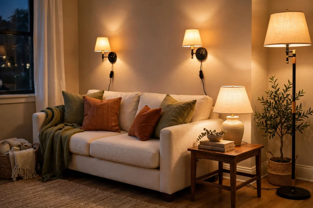 Rental living room in the evening with plug-in wall sconces and layered lamp light