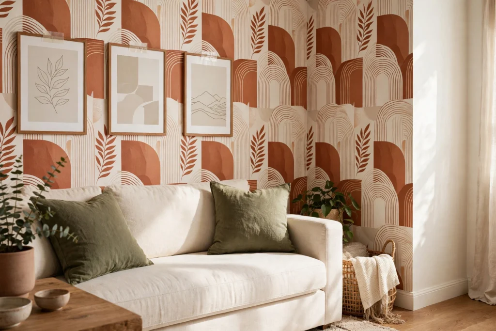 Peel-and-stick wallpaper accent wall in rust and cream behind a cream sofa