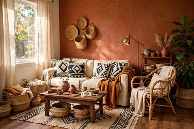 Small Afrohemian living room with terracotta accent wall, cream sofa with black-and-white mudcloth pillows, woven baskets and rattan coffee table