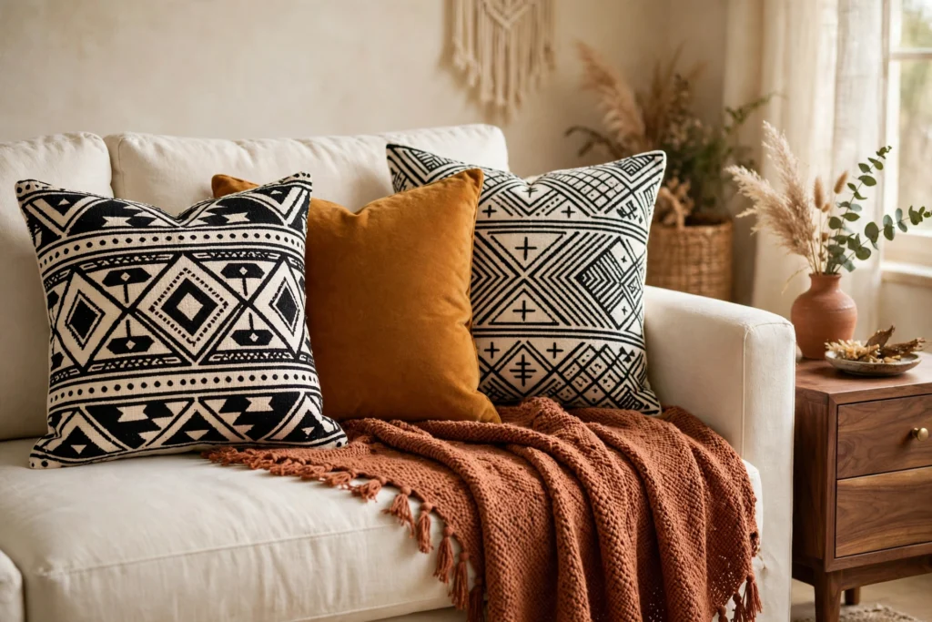 Cream sofa styled with black-and-white mudcloth throw pillows and a woven throw in warm terracotta tones