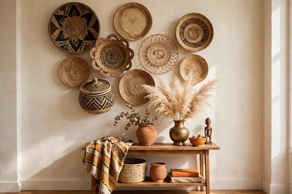Woven seagrass basket wall above a wooden console with brass vase and dried pampas grass
