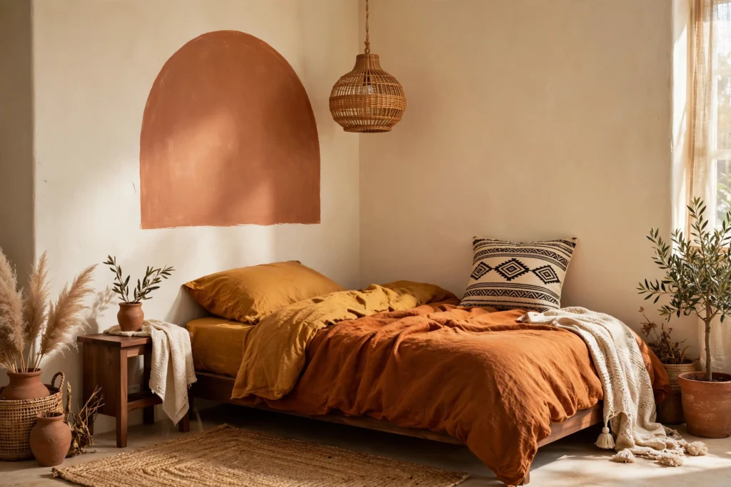 Small bedroom corner with a painted terracotta arch on a cream wall, rattan pendant light and woven rug
