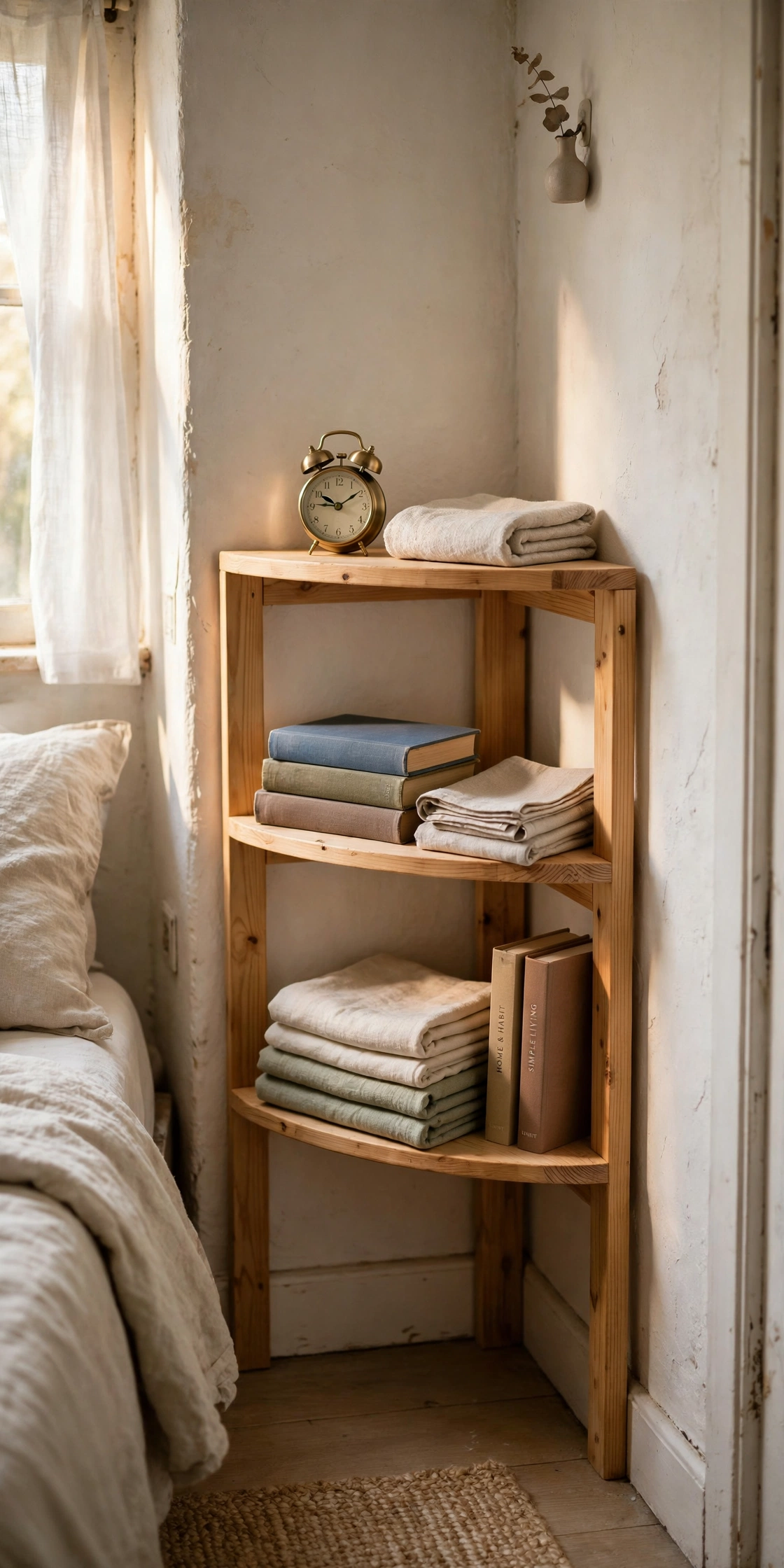 Corner shelf unit with books and linens in a tiny bedroom