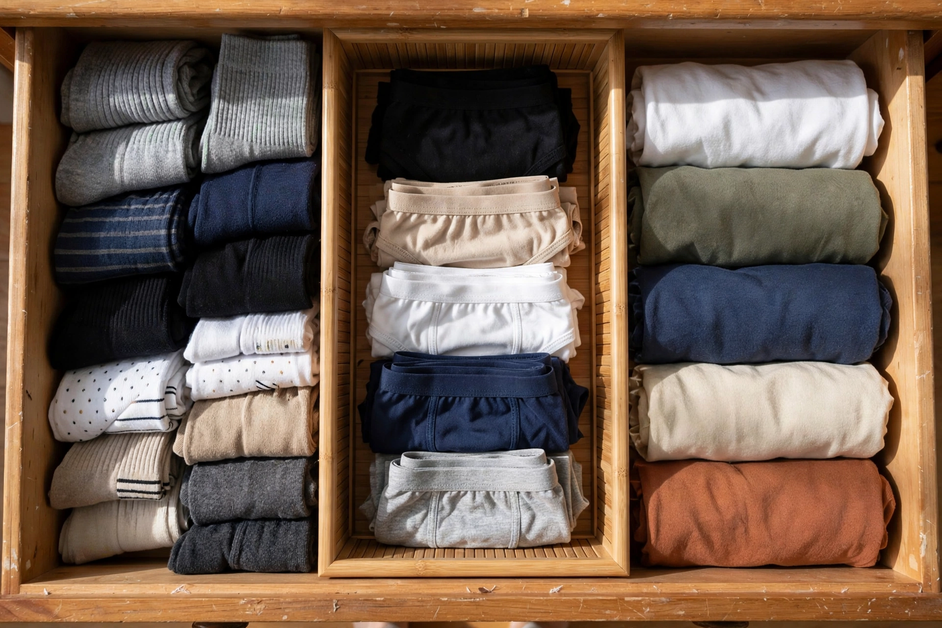 Dresser drawer organized with bamboo dividers and folded clothes