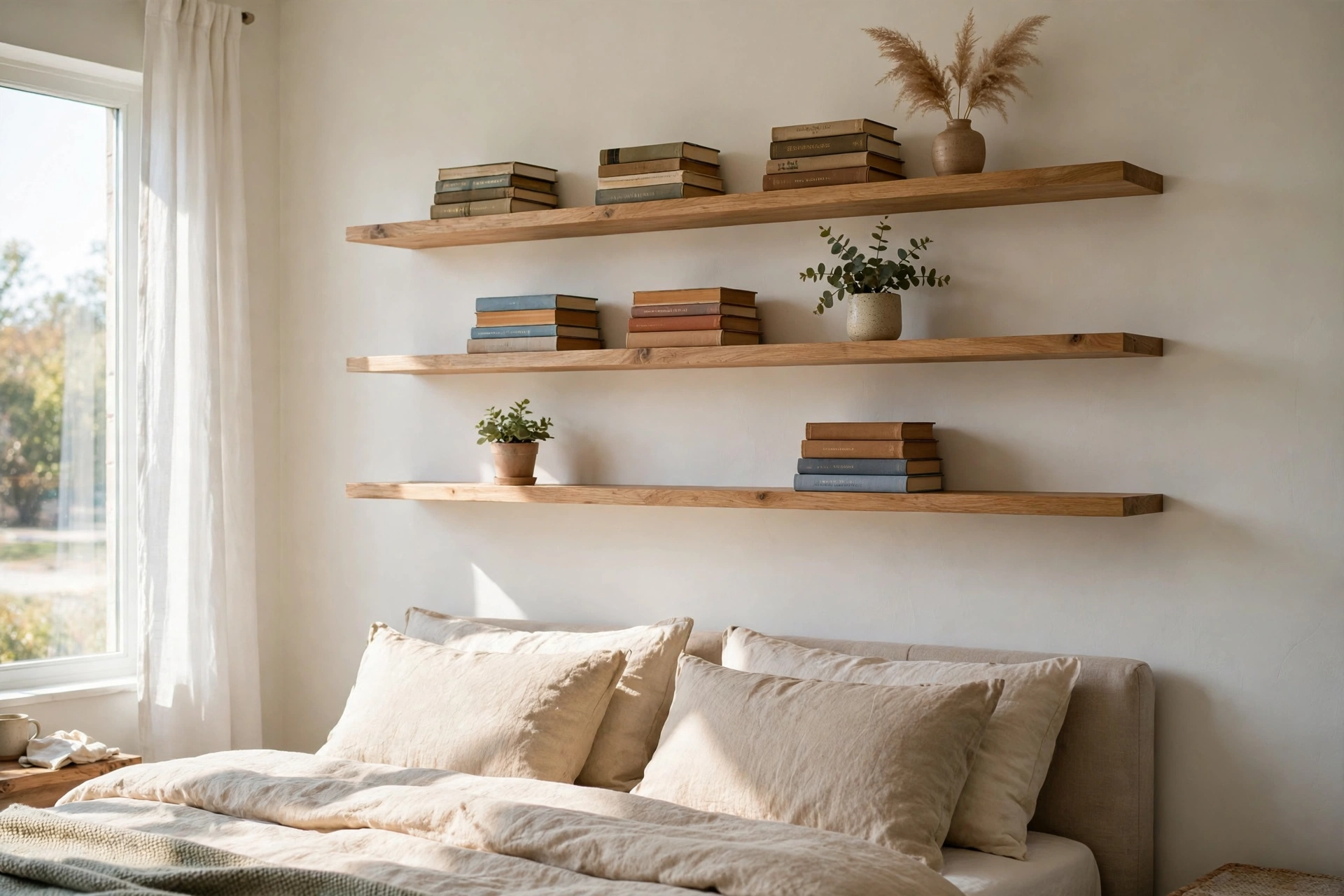 Floating wooden shelves above a bed with books and a plant