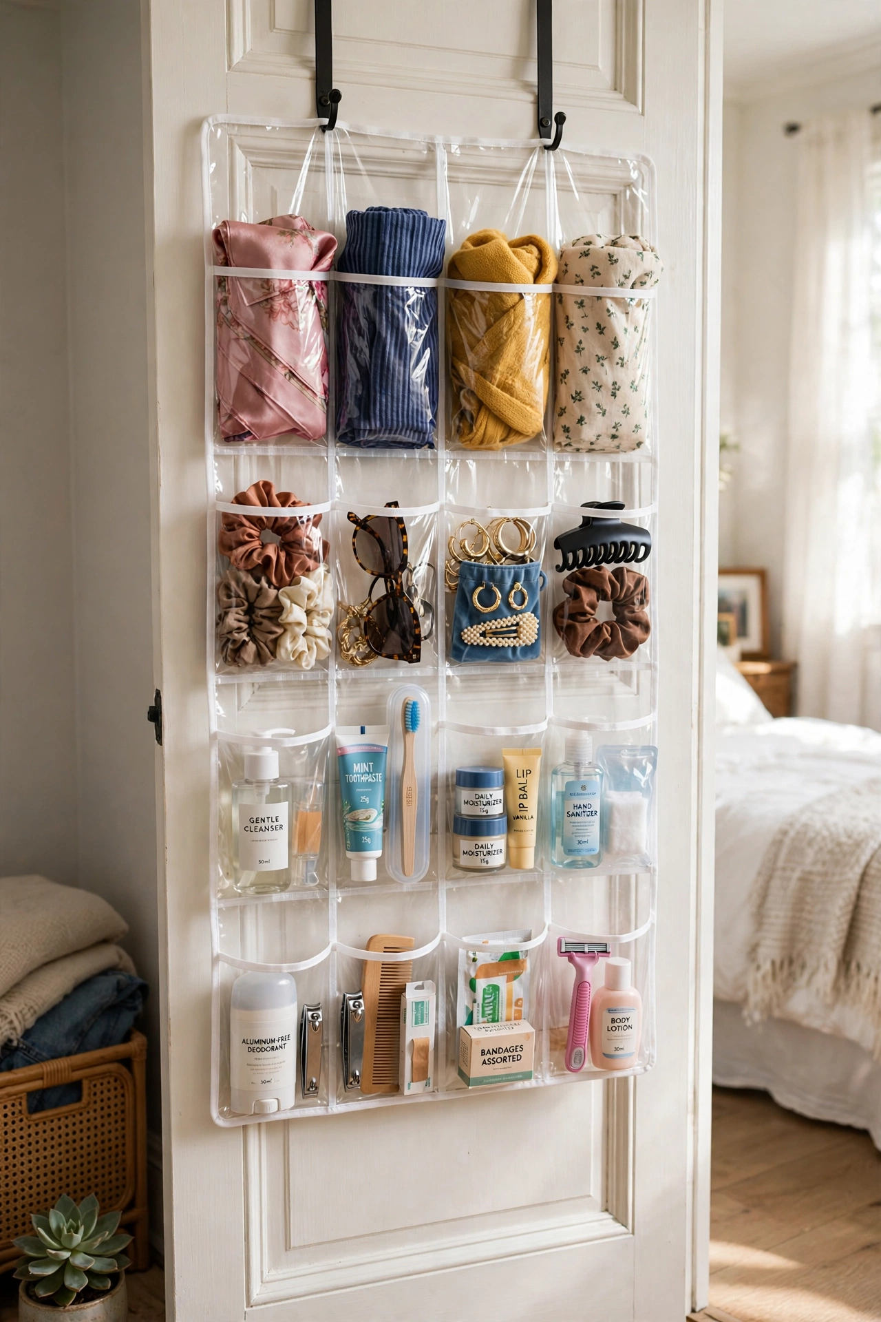Over-the-door organizer with clear pockets on a closet door