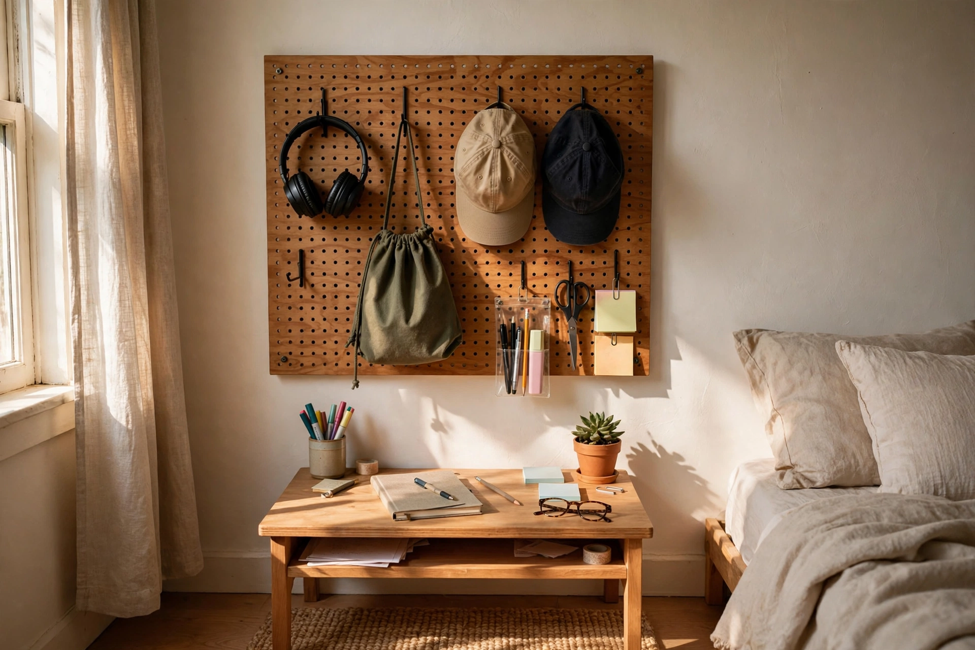 Pegboard above a small desk holding headphones, bags and stationery