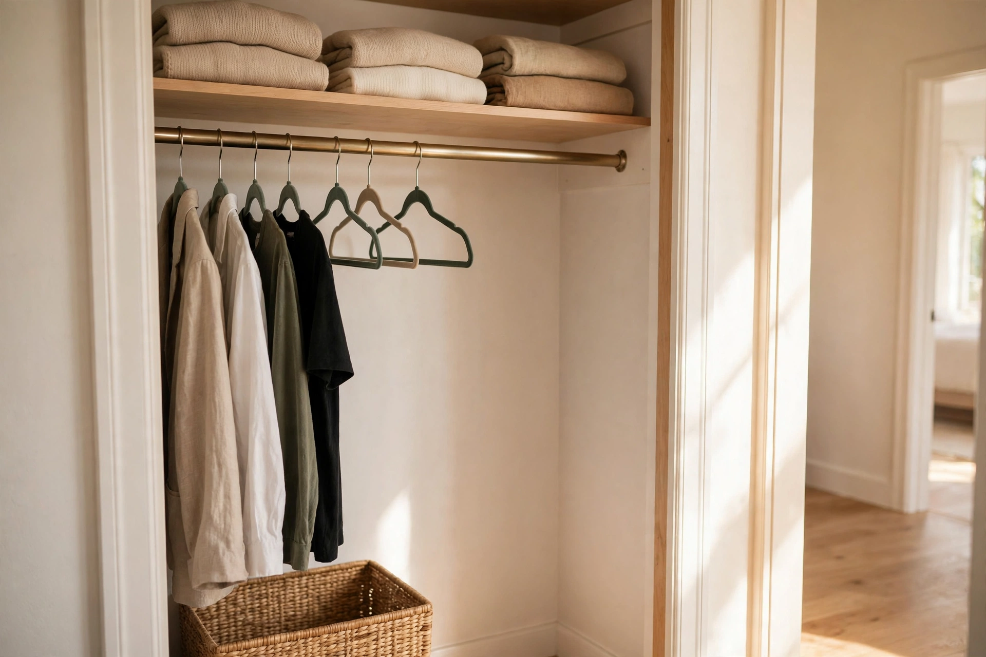 Small closet organized with slim velvet hangers