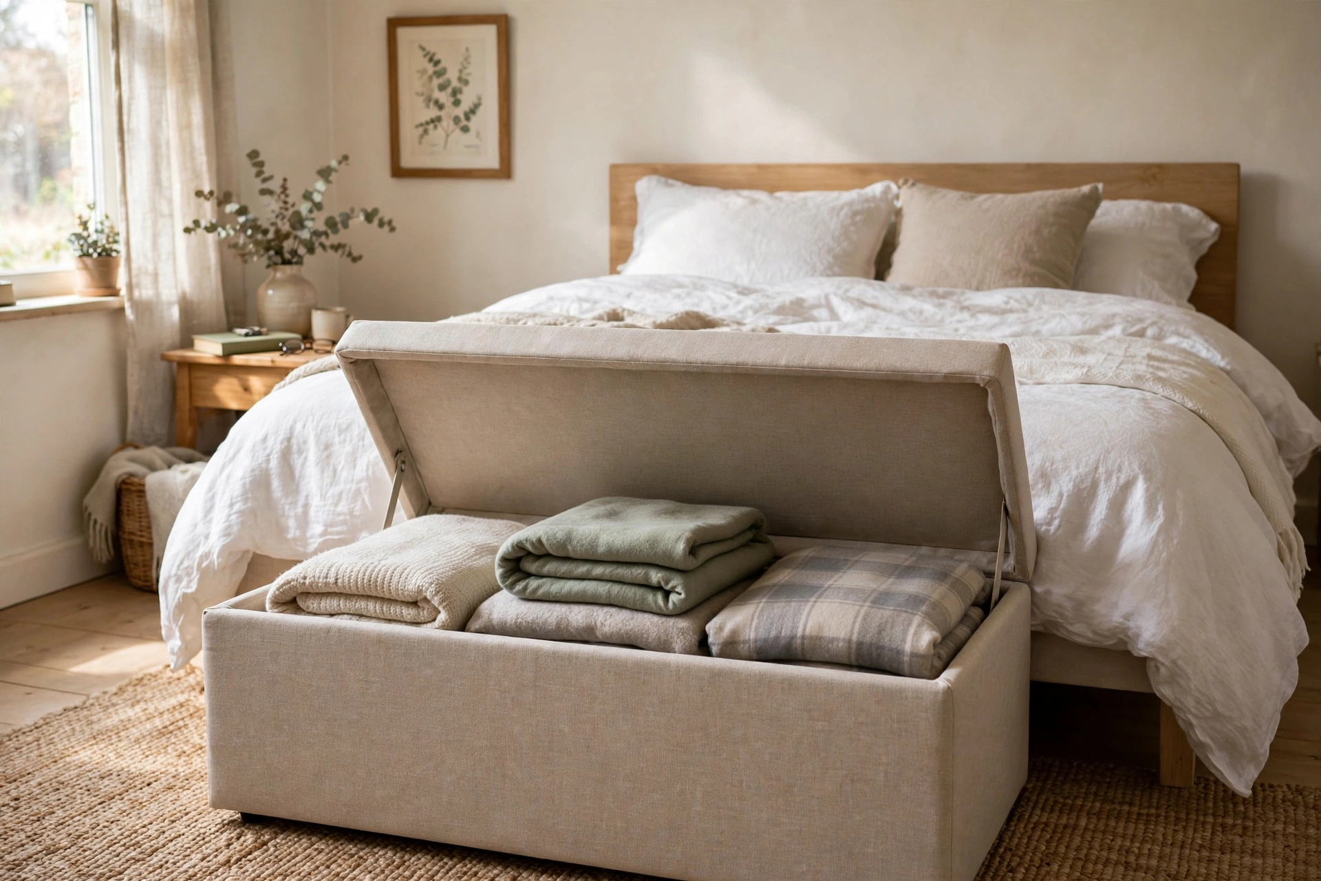 Storage ottoman open at the foot of a bed with blankets inside