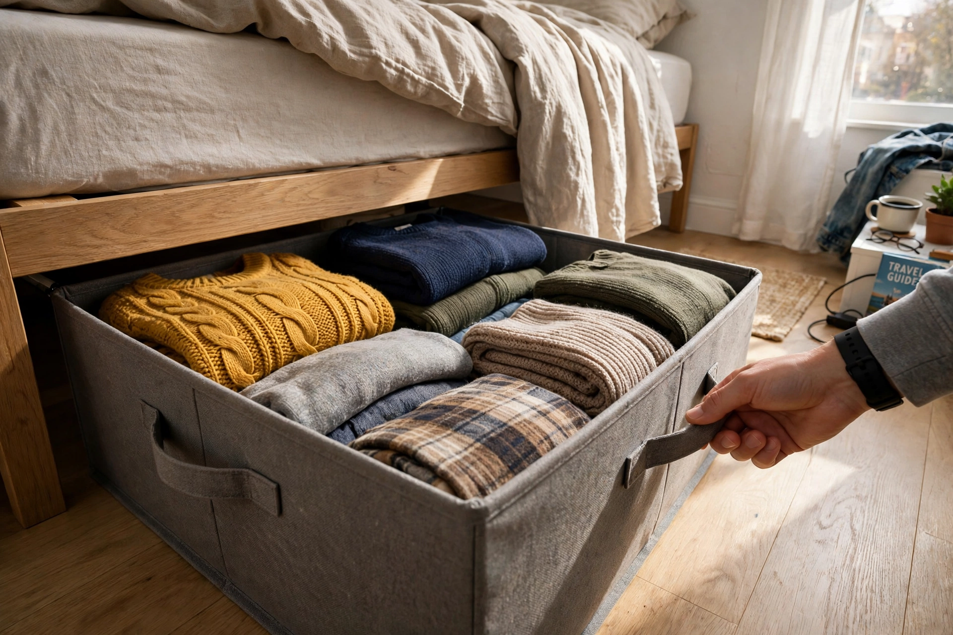 Under-bed storage bin with folded clothes pulled out from under a small bed