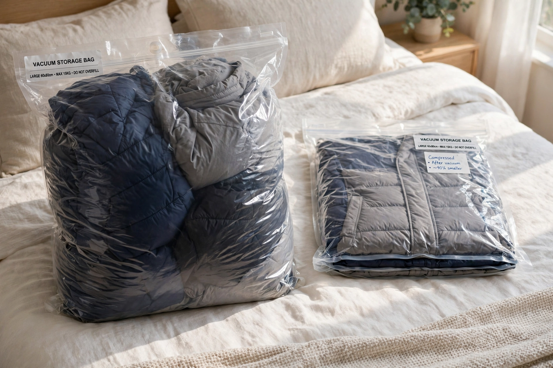 Vacuum storage bags before and after compression, side by side