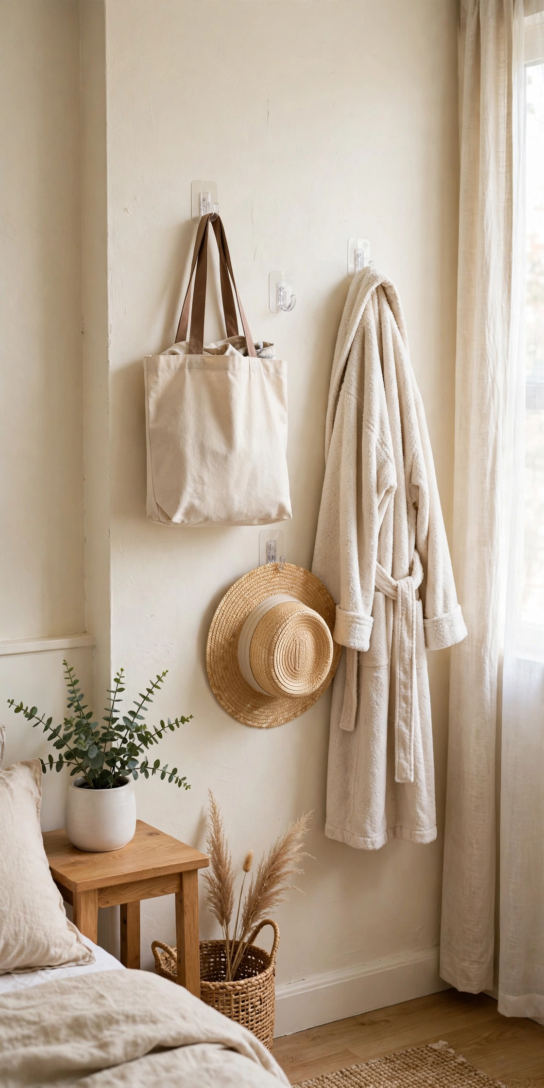 Adhesive wall hooks holding a tote bag, robe and hat