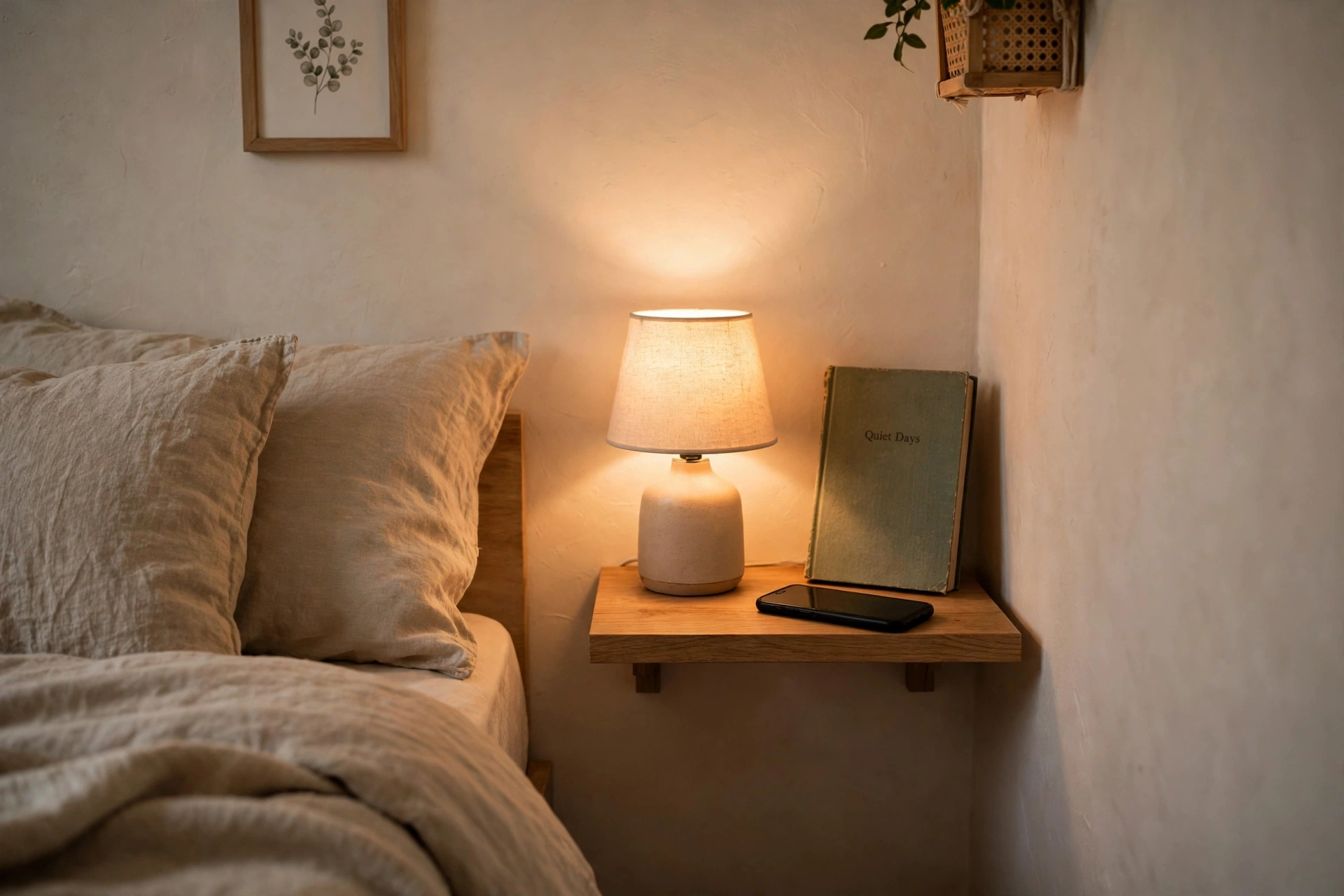 Wall-mounted floating nightstand shelf with a lamp and book beside a bed