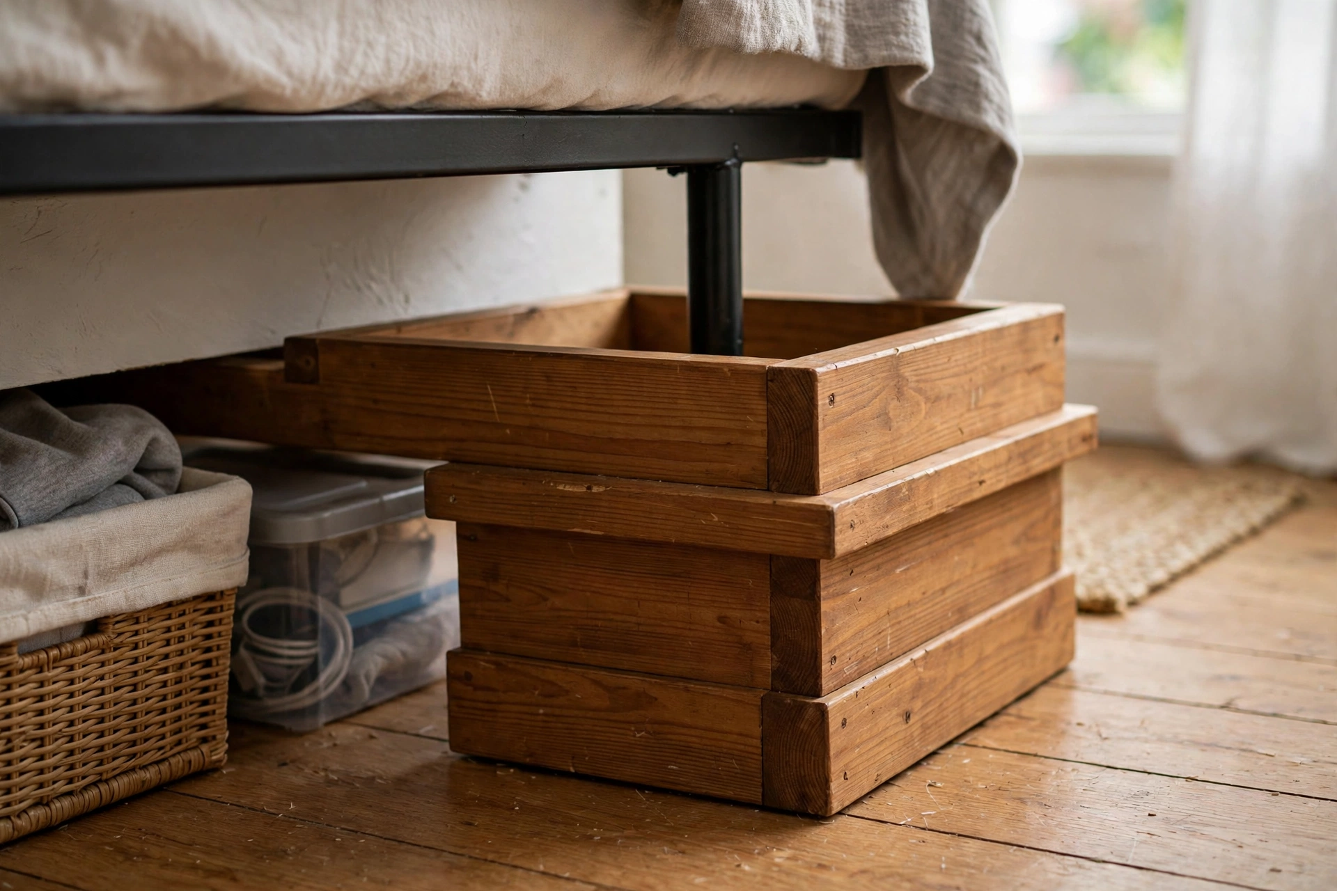 Wooden bed risers lifting a bed frame to create storage space