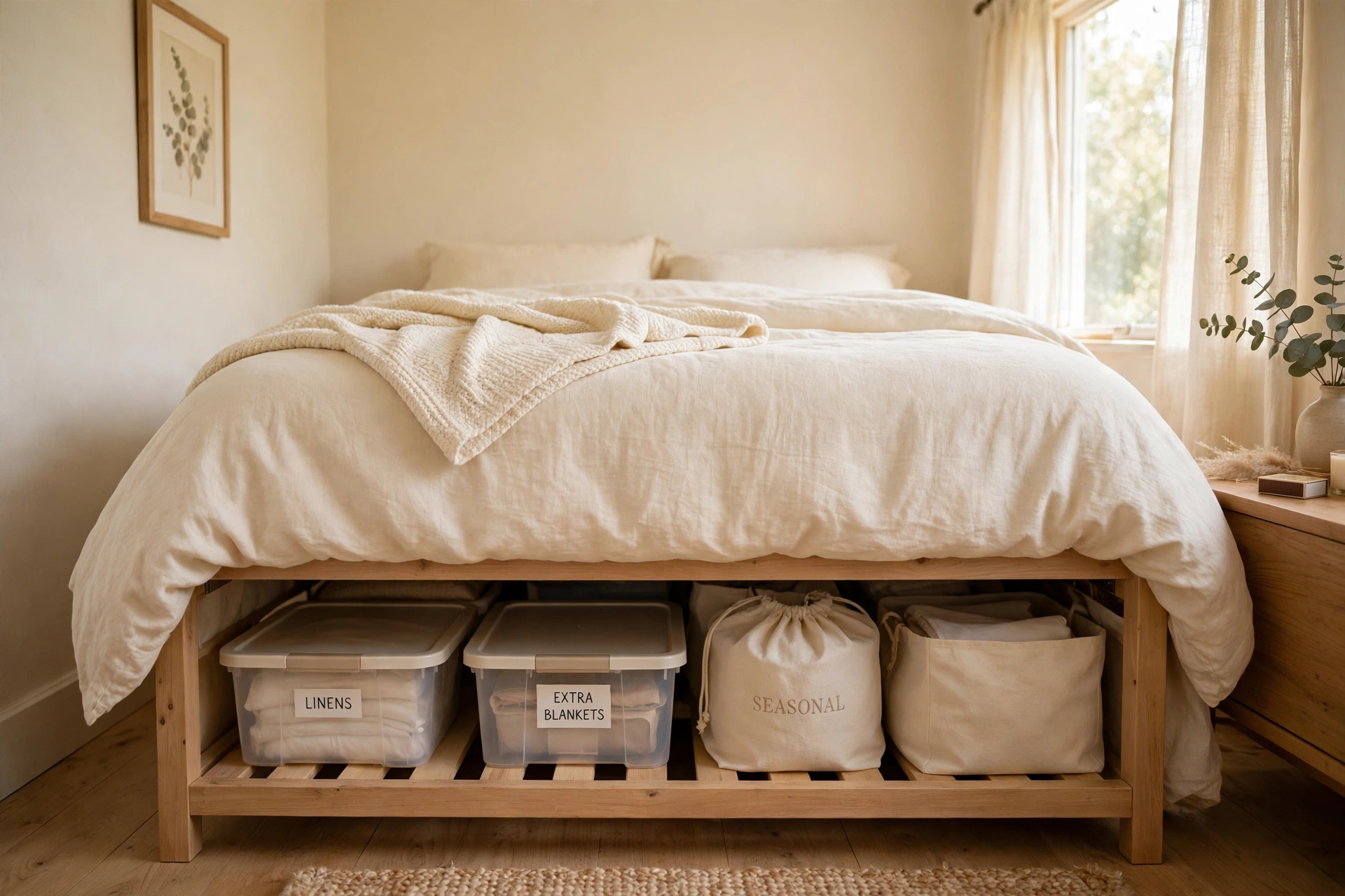 Under-bed storage bins and bags neatly arranged under a bed in a small bedroom
