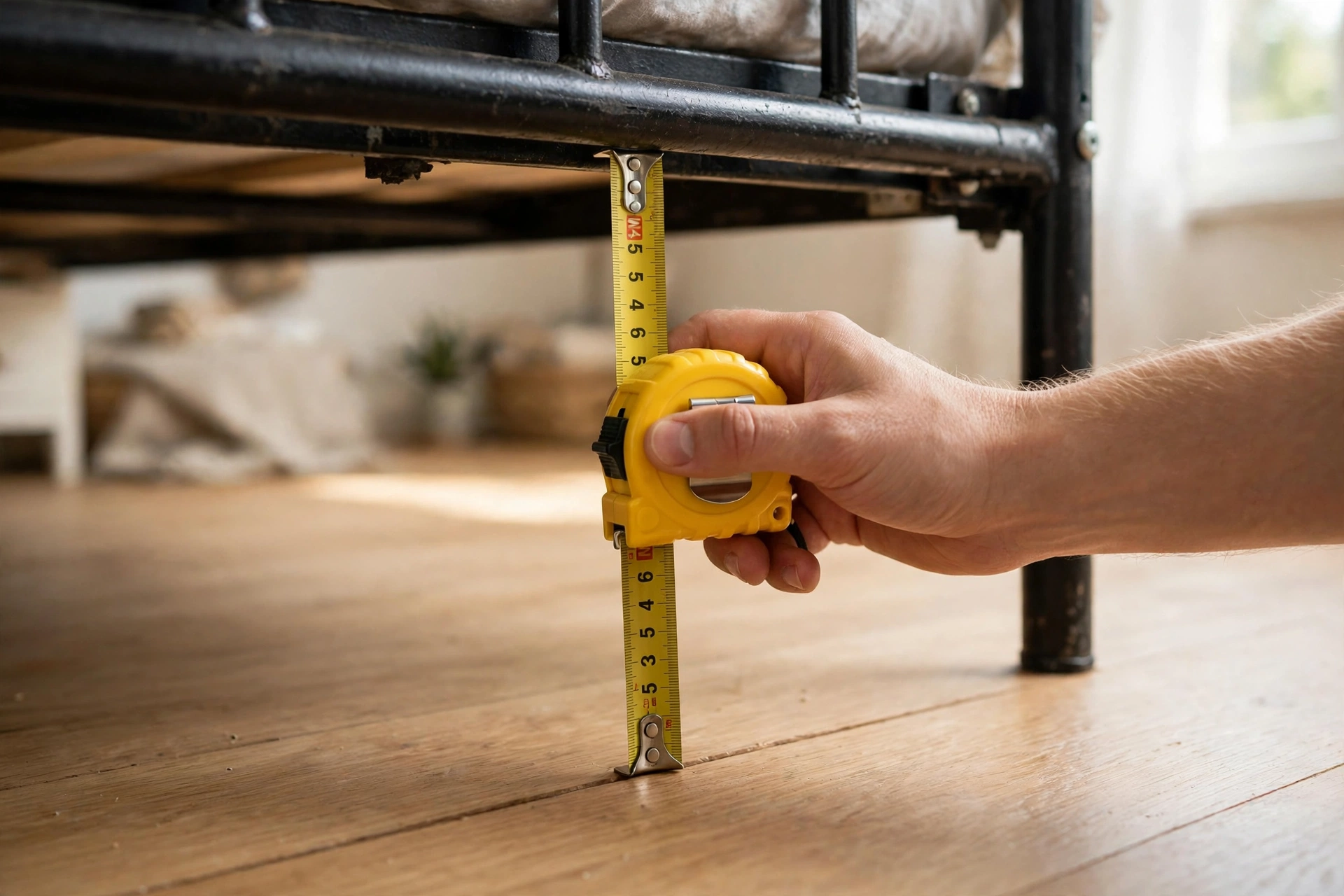 Measuring the clearance under a bed frame with a tape measure