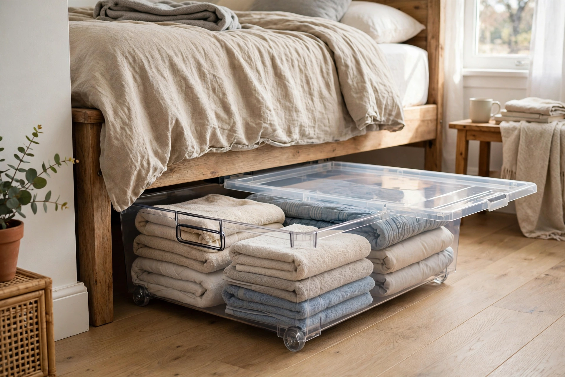Clear rolling under-bed storage bin with folded bedding being pulled out
