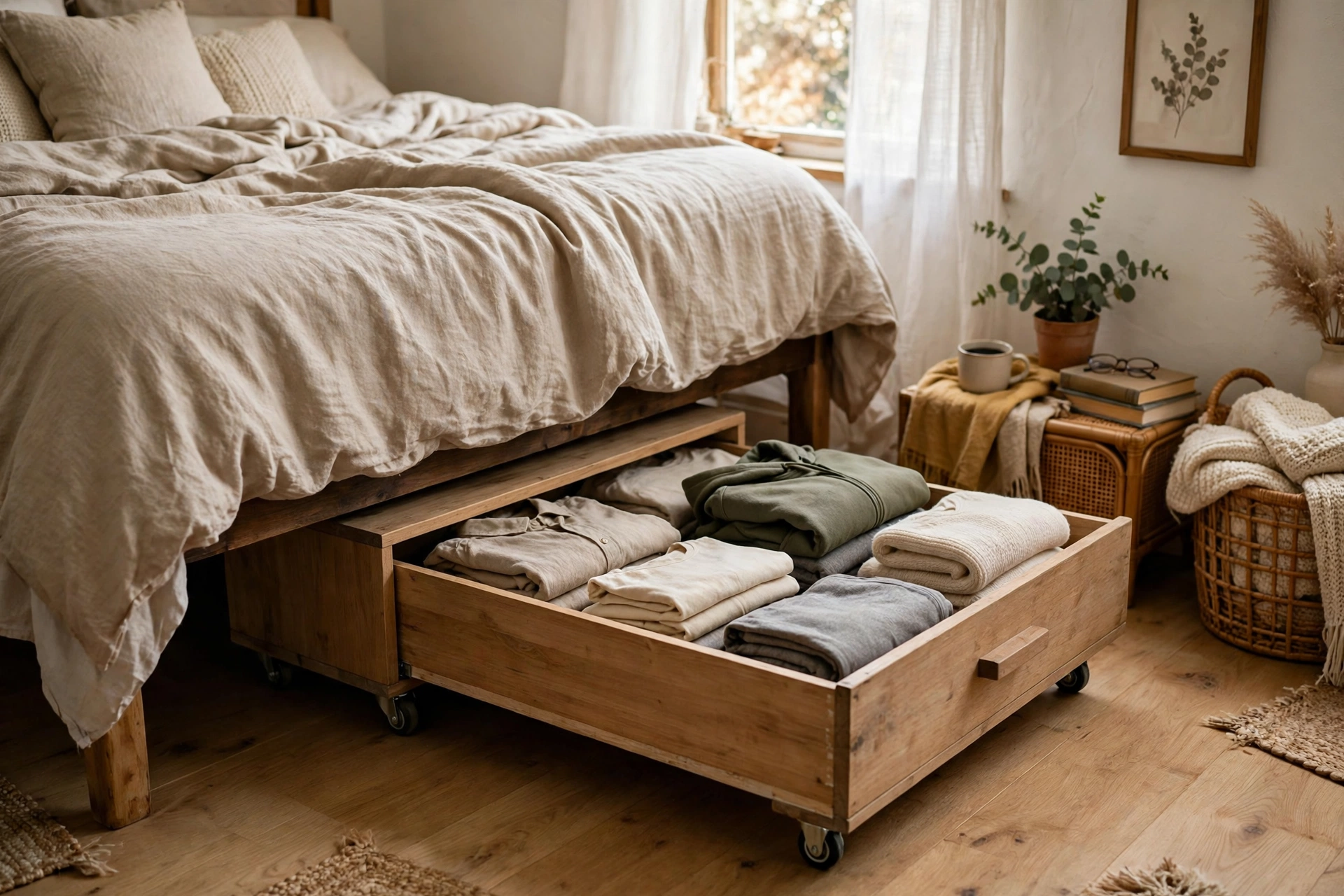 Low drawer unit on casters pulled out from under a bed with folded clothes