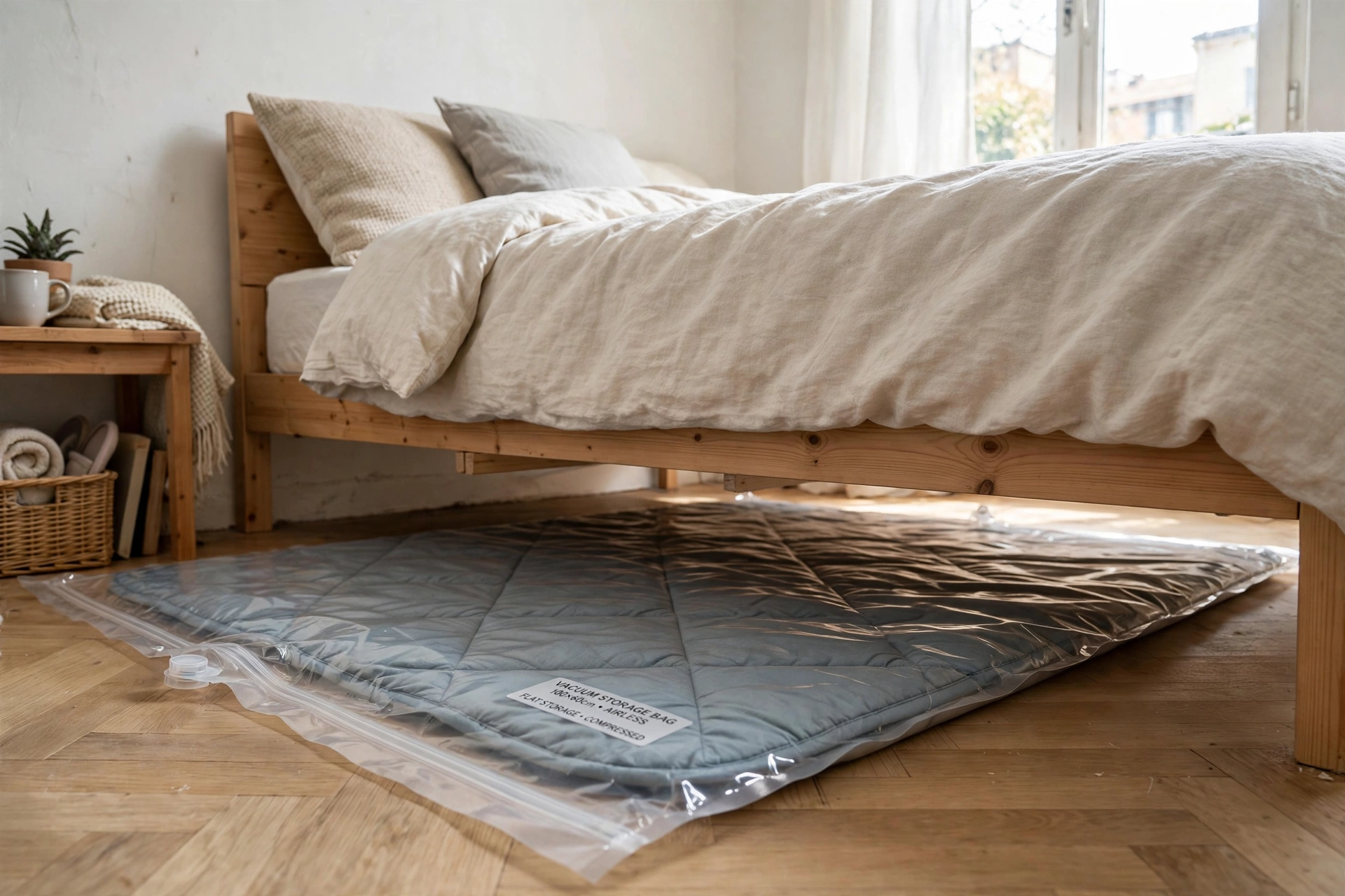 Vacuum-compressed bag with a comforter stored flat under a bed