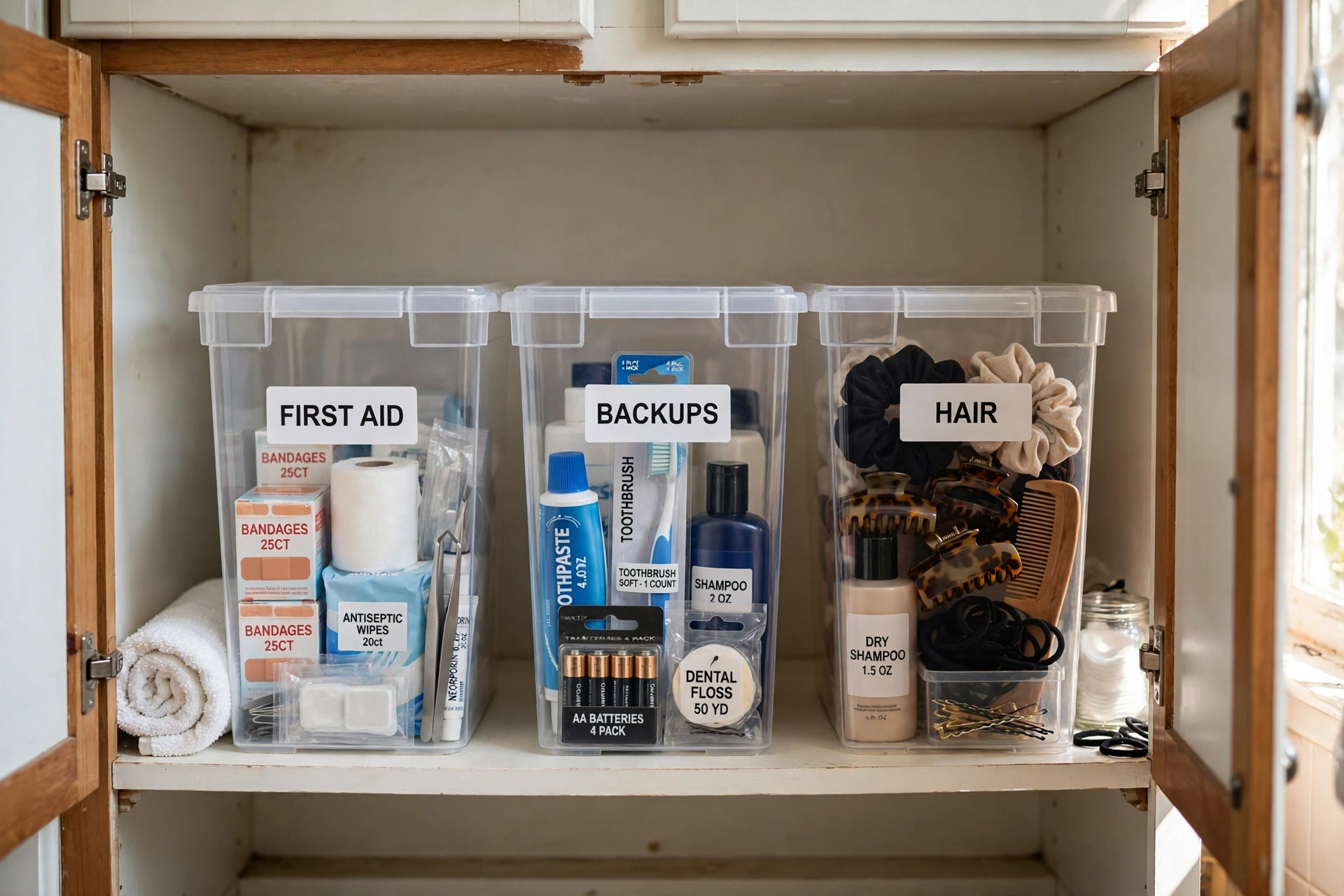 Clear stackable labeled bins inside a small bathroom cabinet