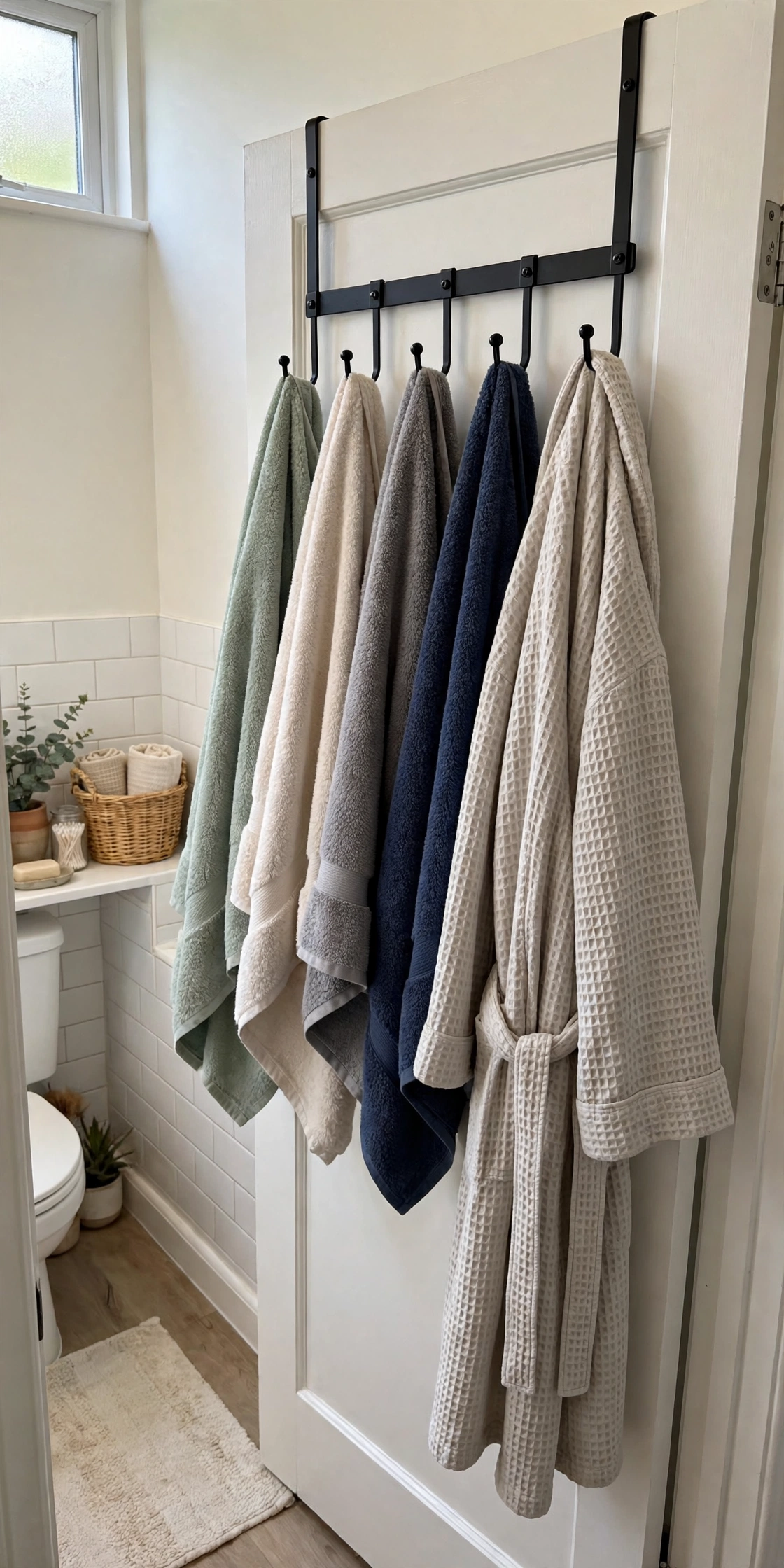 Over-the-door hooks and towel bars on the back of a small bathroom door
