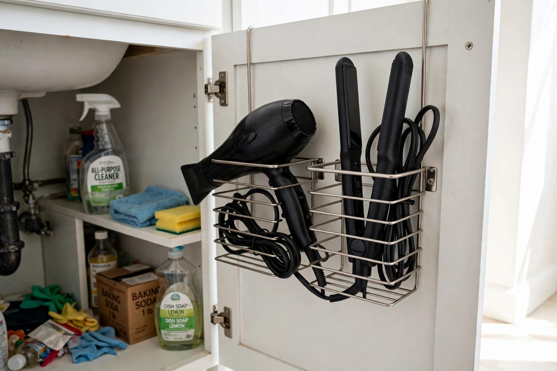 Heat-safe hair dryer and straightener holder on a bathroom cabinet door