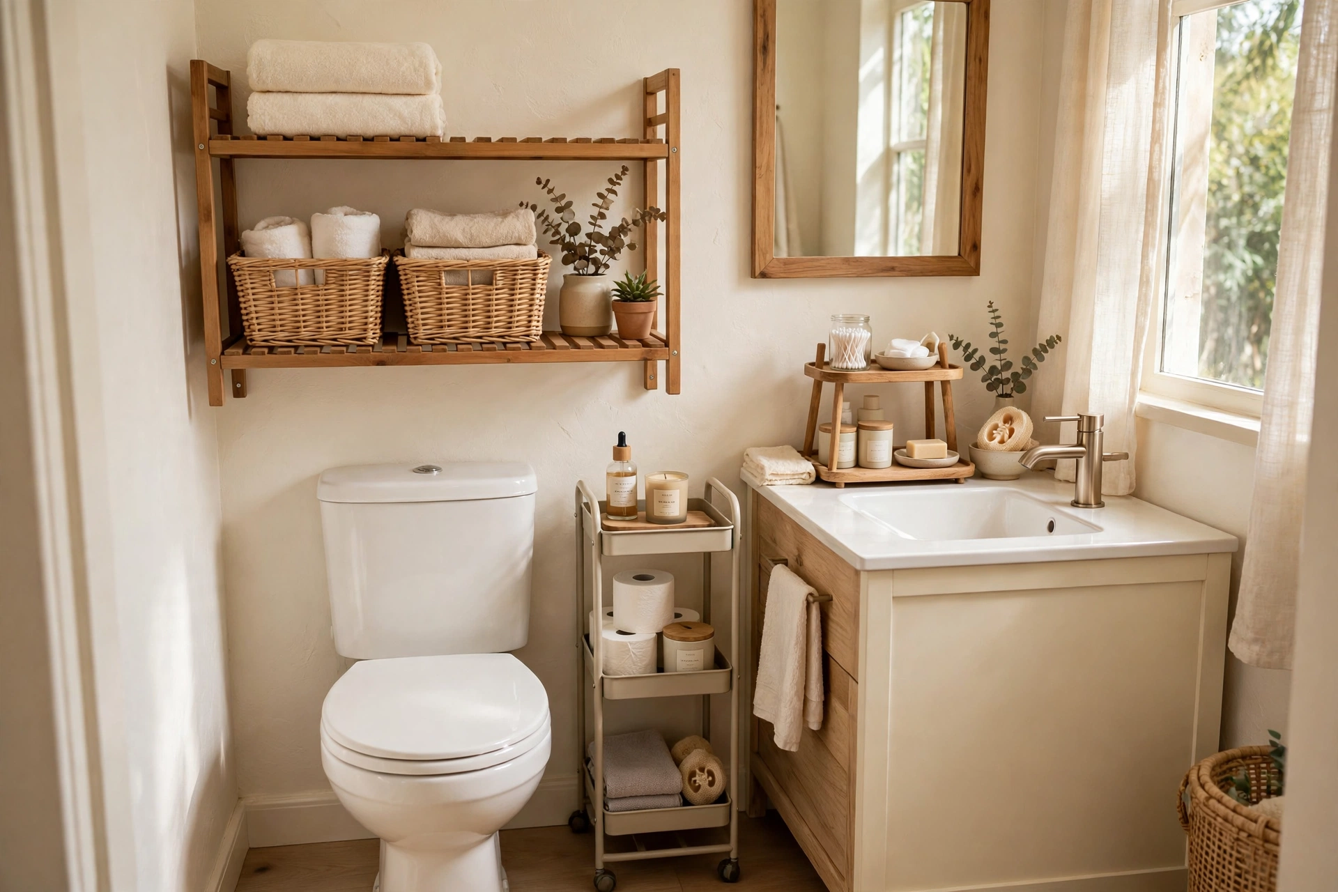 Small bathroom organized with over-toilet shelves, a toilet-gap cart and clear bins