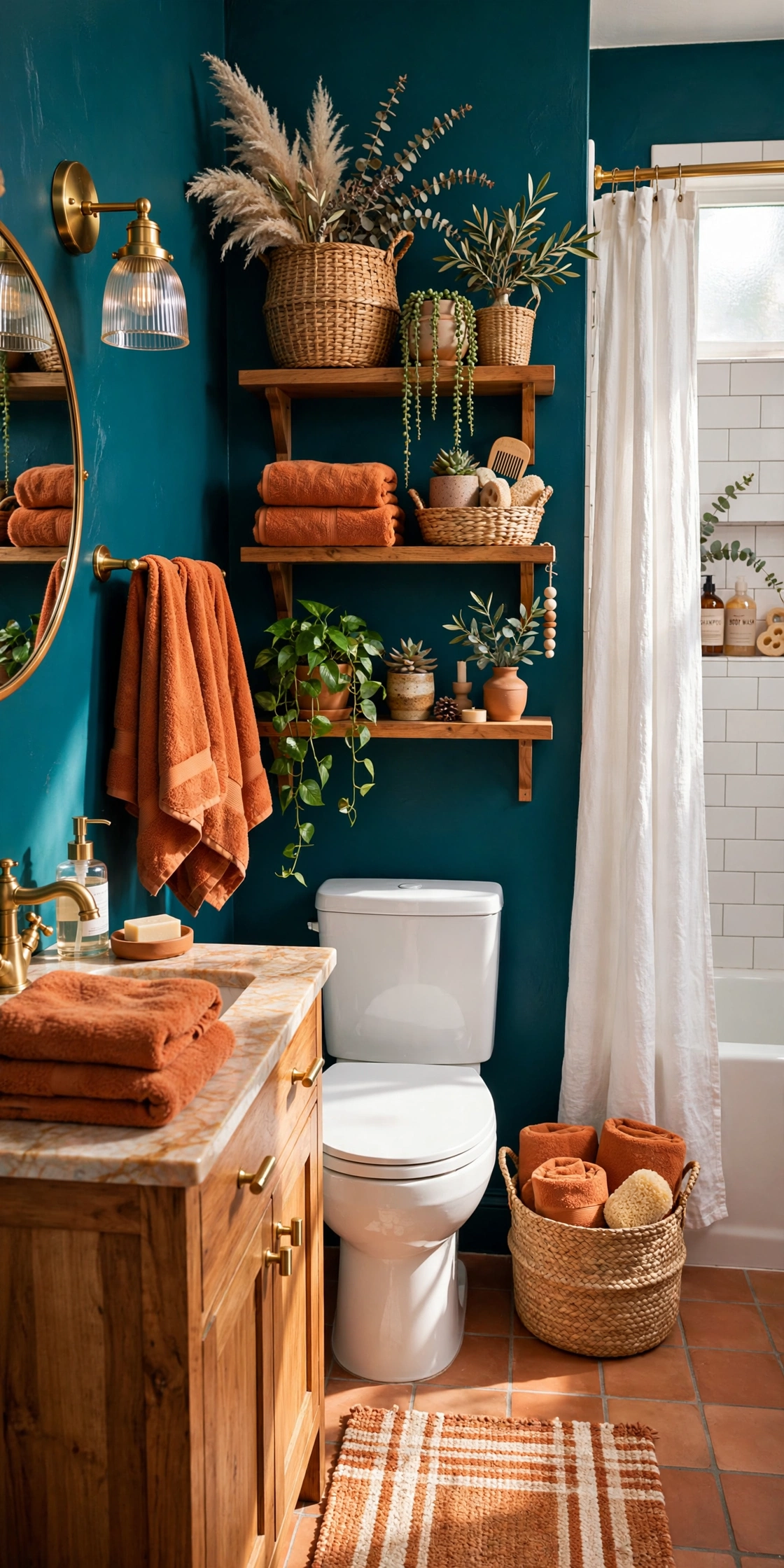 Bold teal and terracotta small bathroom with over-toilet storage shelves