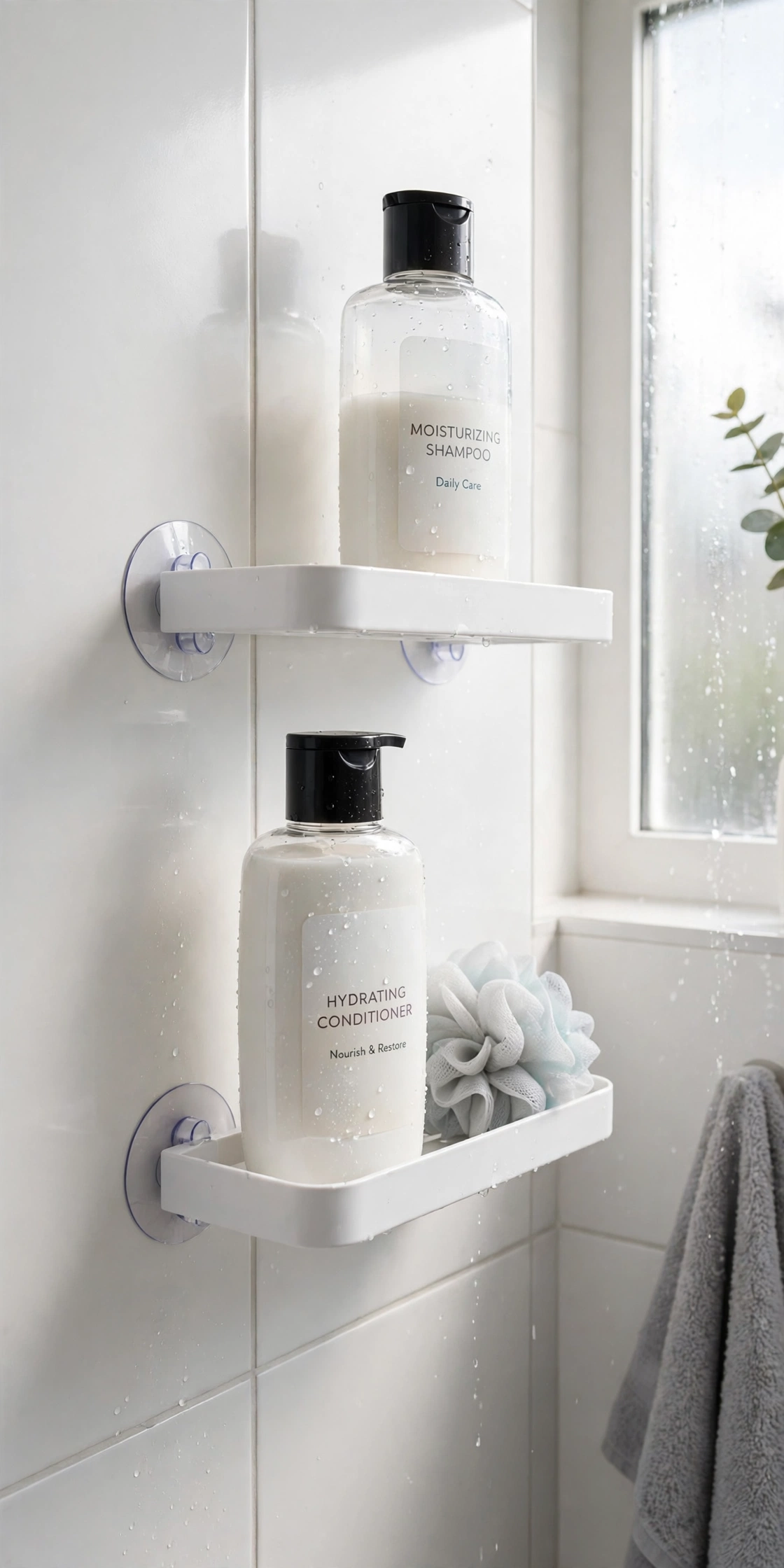 Adhesive suction corner shelves holding shampoo bottles in a tiled shower