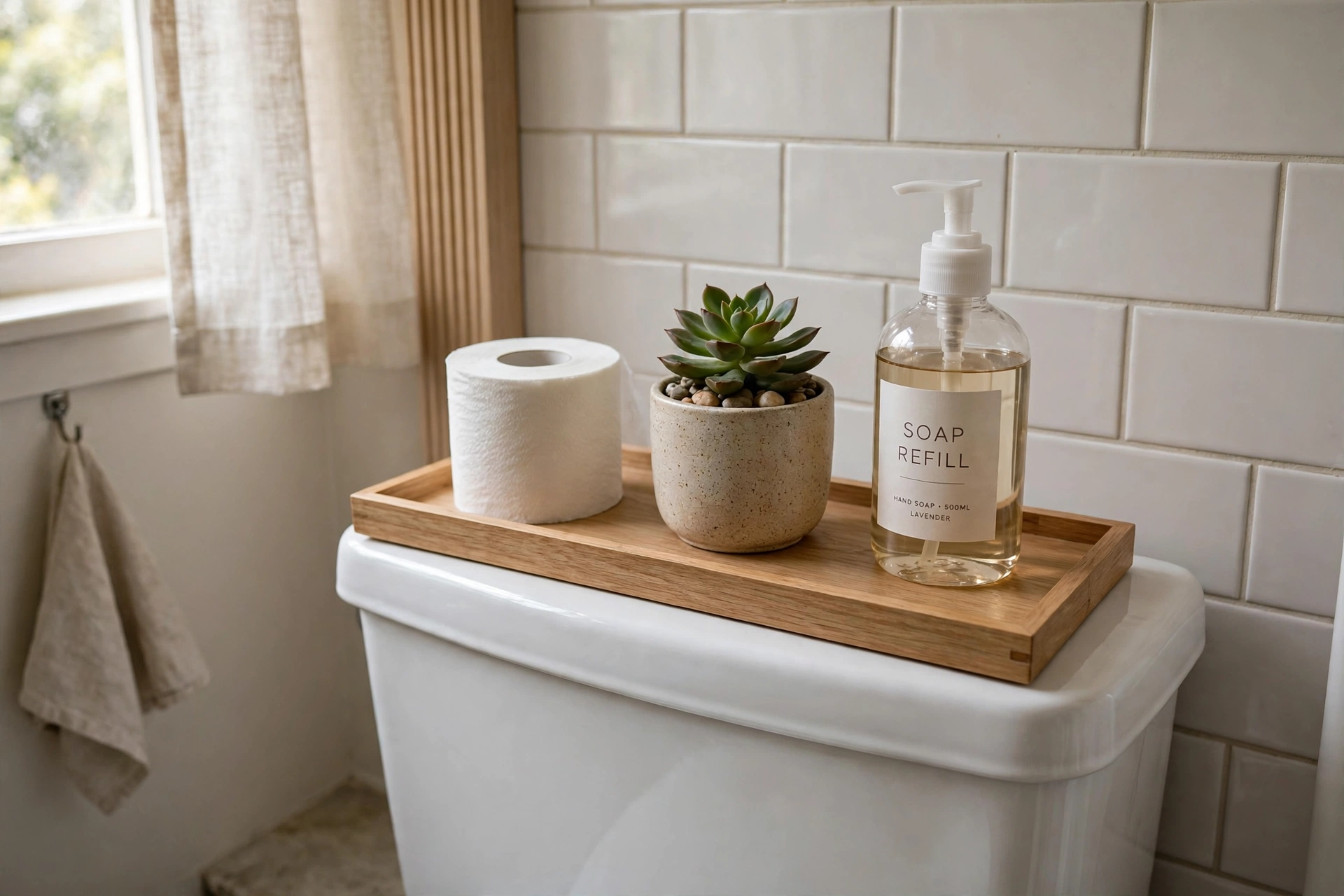 Slim tray on a toilet tank holding a plant, spare roll and soap refill