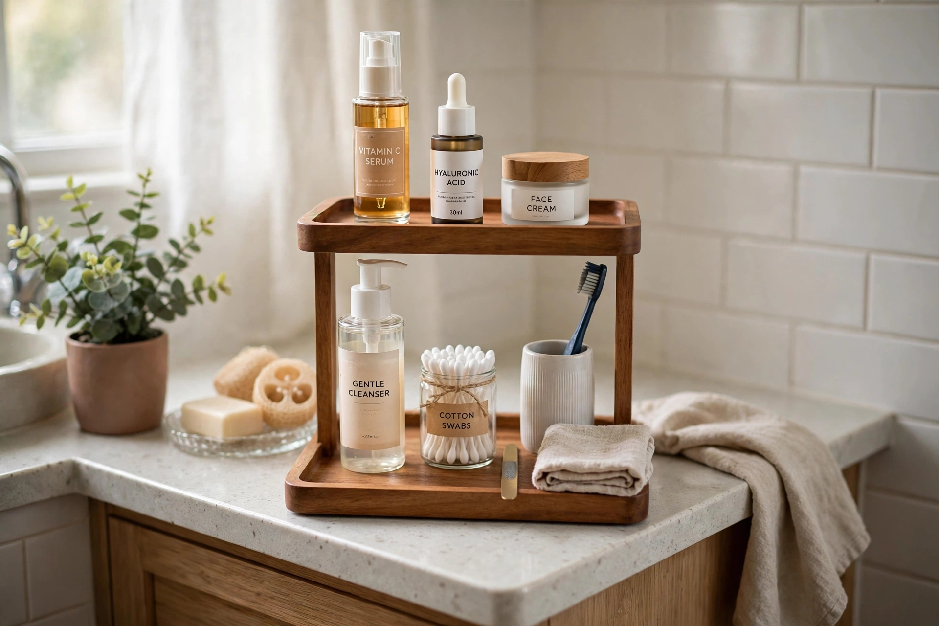 Two-tier tray organizing skincare and daily essentials on a small bathroom counter