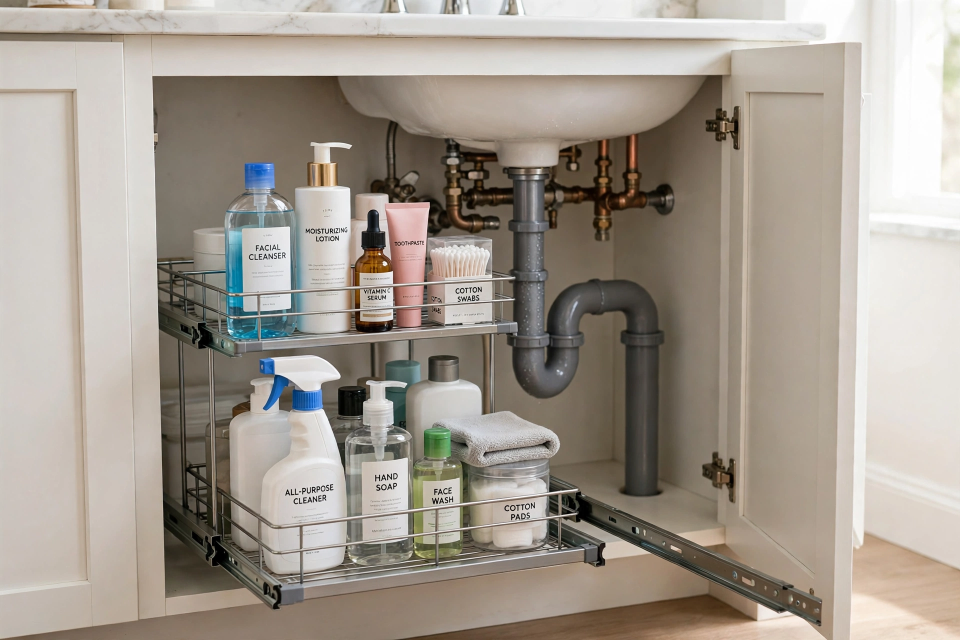 Two-tier pull-out organizer under a bathroom sink working around the pipes