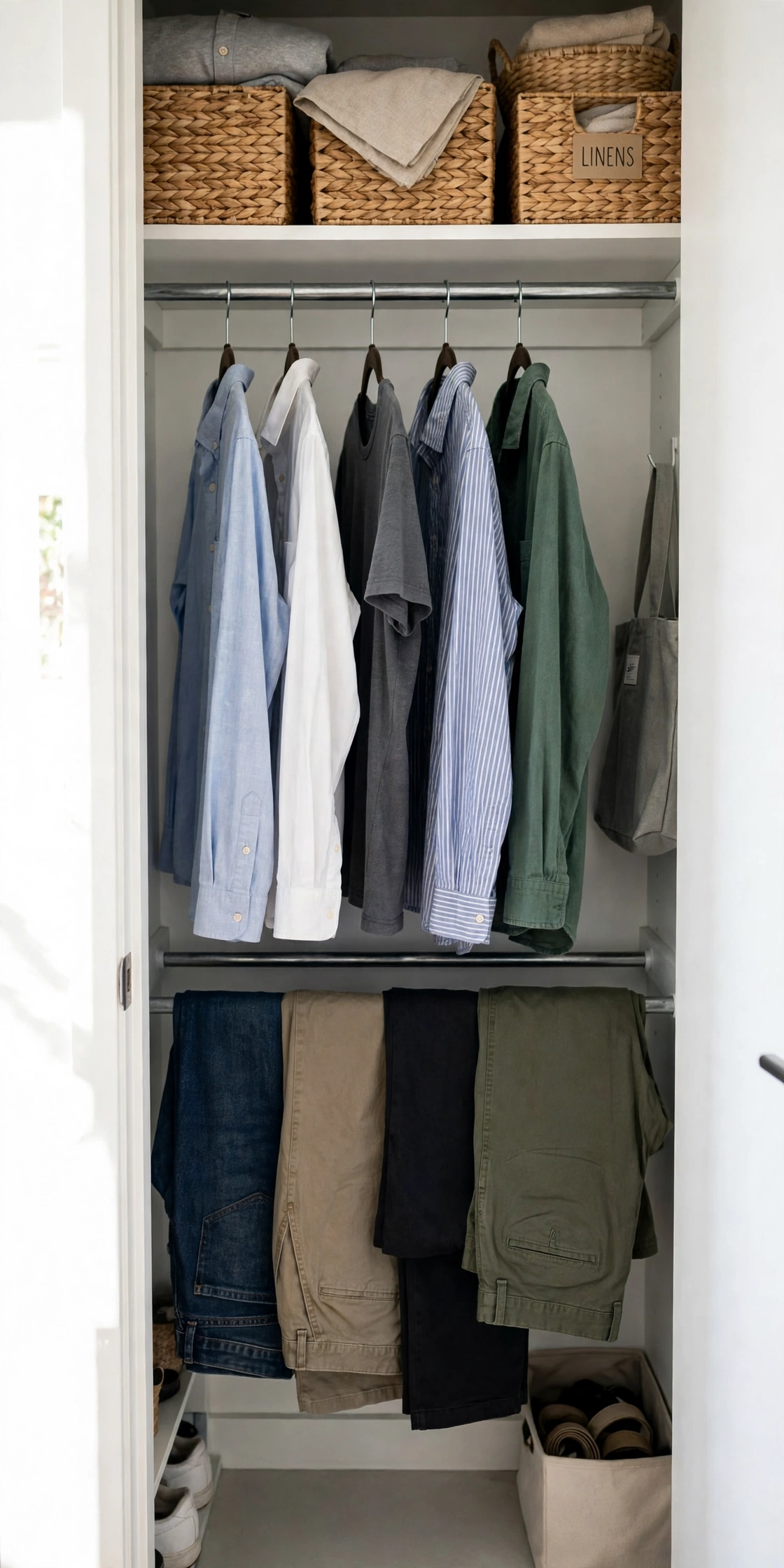 Double hanging rods in a small closet with shirts above and pants below