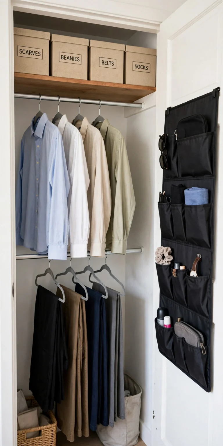 Small closet organized with slim hangers, a double hanging rod and labeled top-shelf boxes